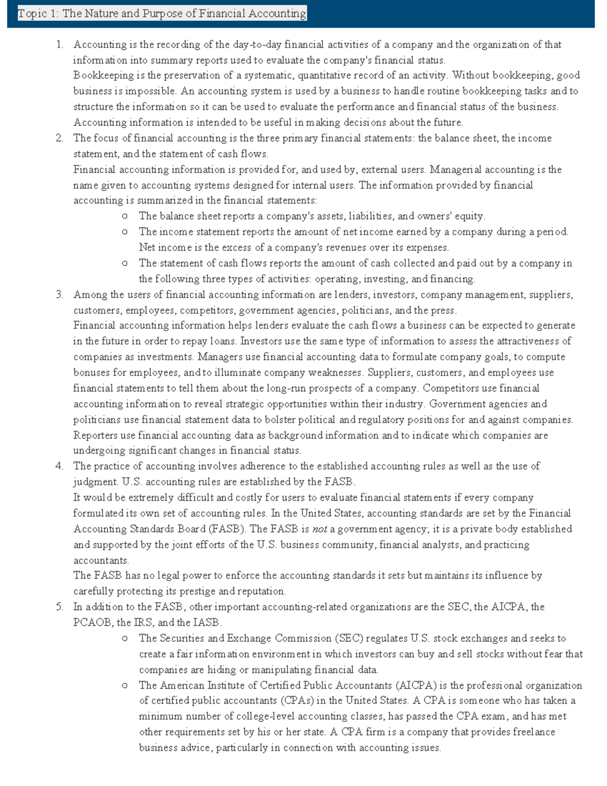 C213 all chapt - Topic 1: The Nature and Purpose of Financial ...