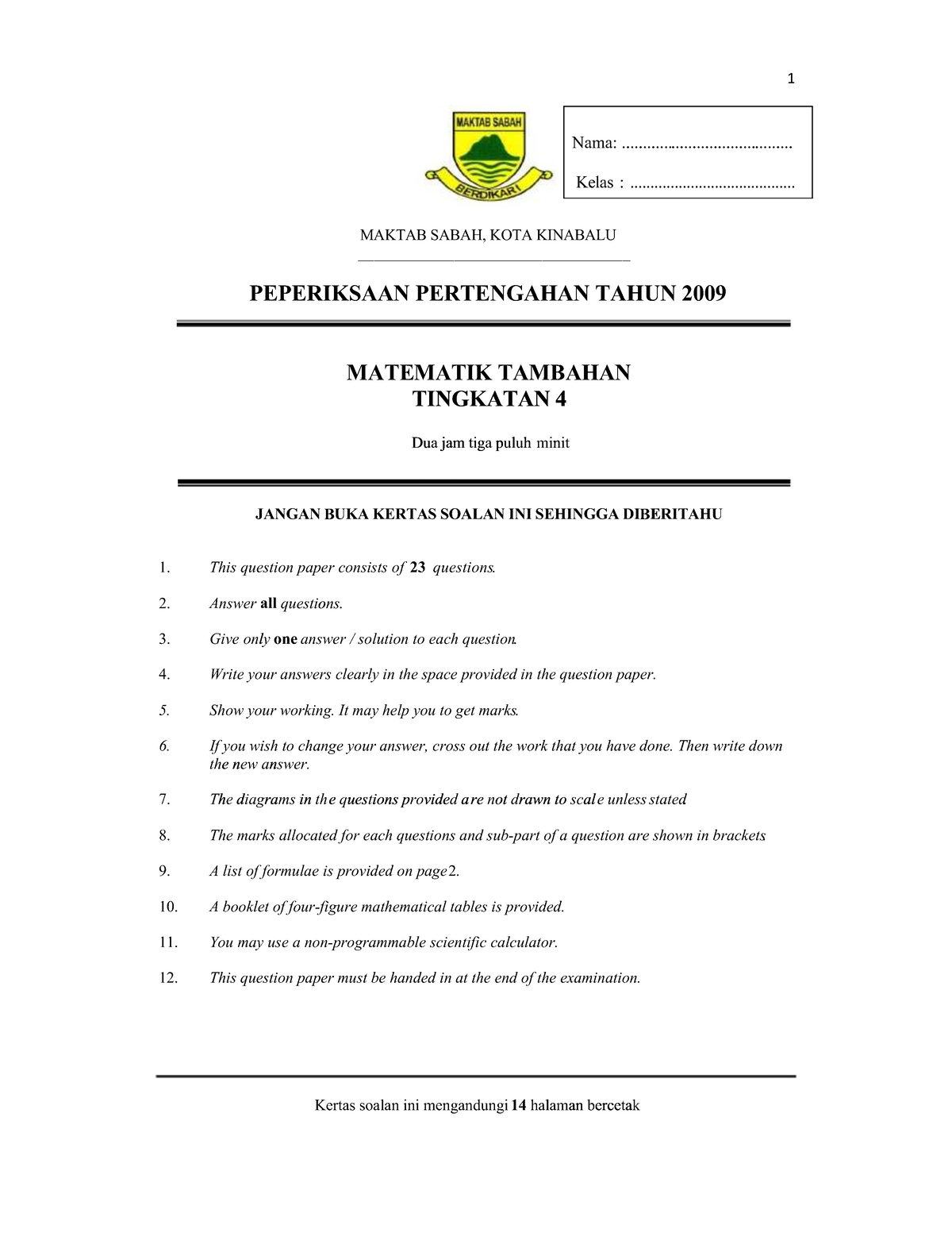 Soalan Matematik Tambahan Tingkatan 4 Kertas - Educational In ...