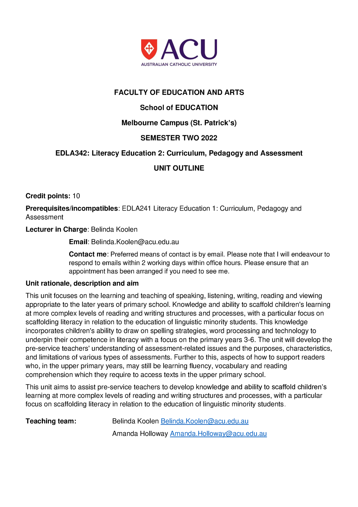 Unit Outline - FACULTY OF EDUCATION AND ARTS School Of EDUCATION ...