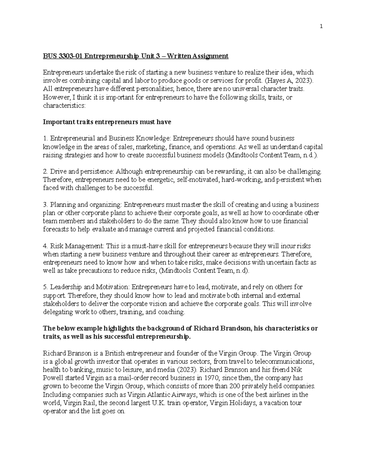 Bus 3303 01 Entrepreneurship 1 Written Assignment Unit 3 1 Bus 3303