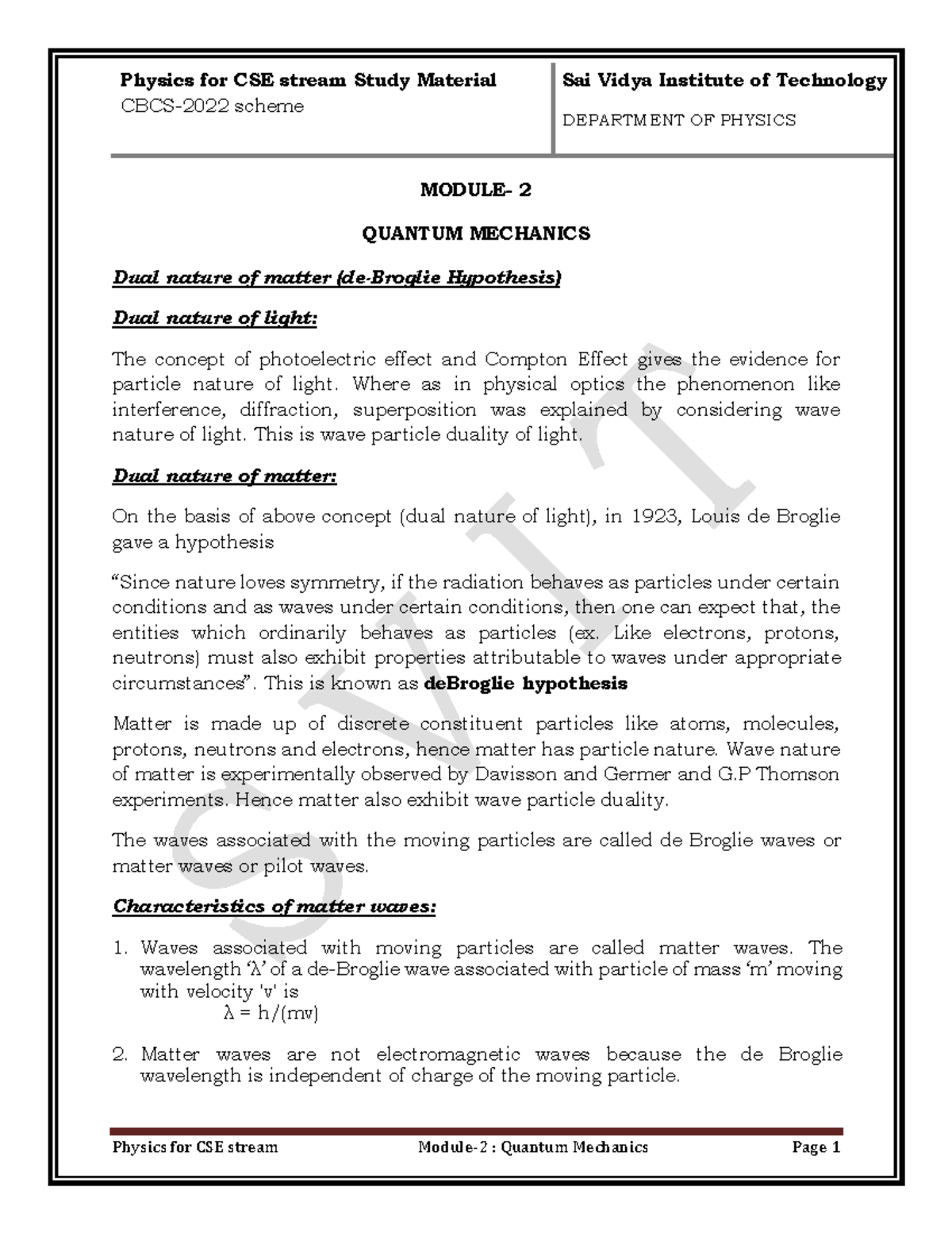 Module 2 Quantum mechanics - CBCS-2022 scheme DEPARTMENT OF PHYSICS ...