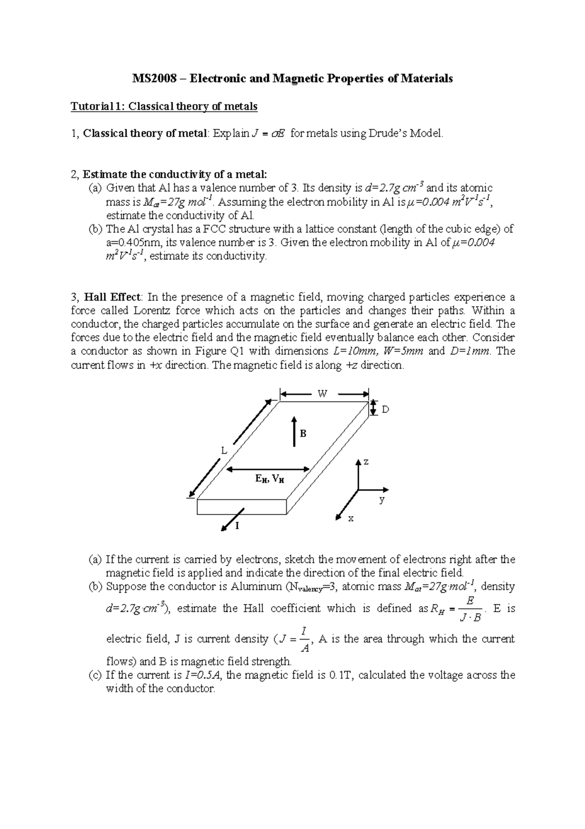 MS2018 Tutorial 1 QNS MS2008 Electronic and Properties of