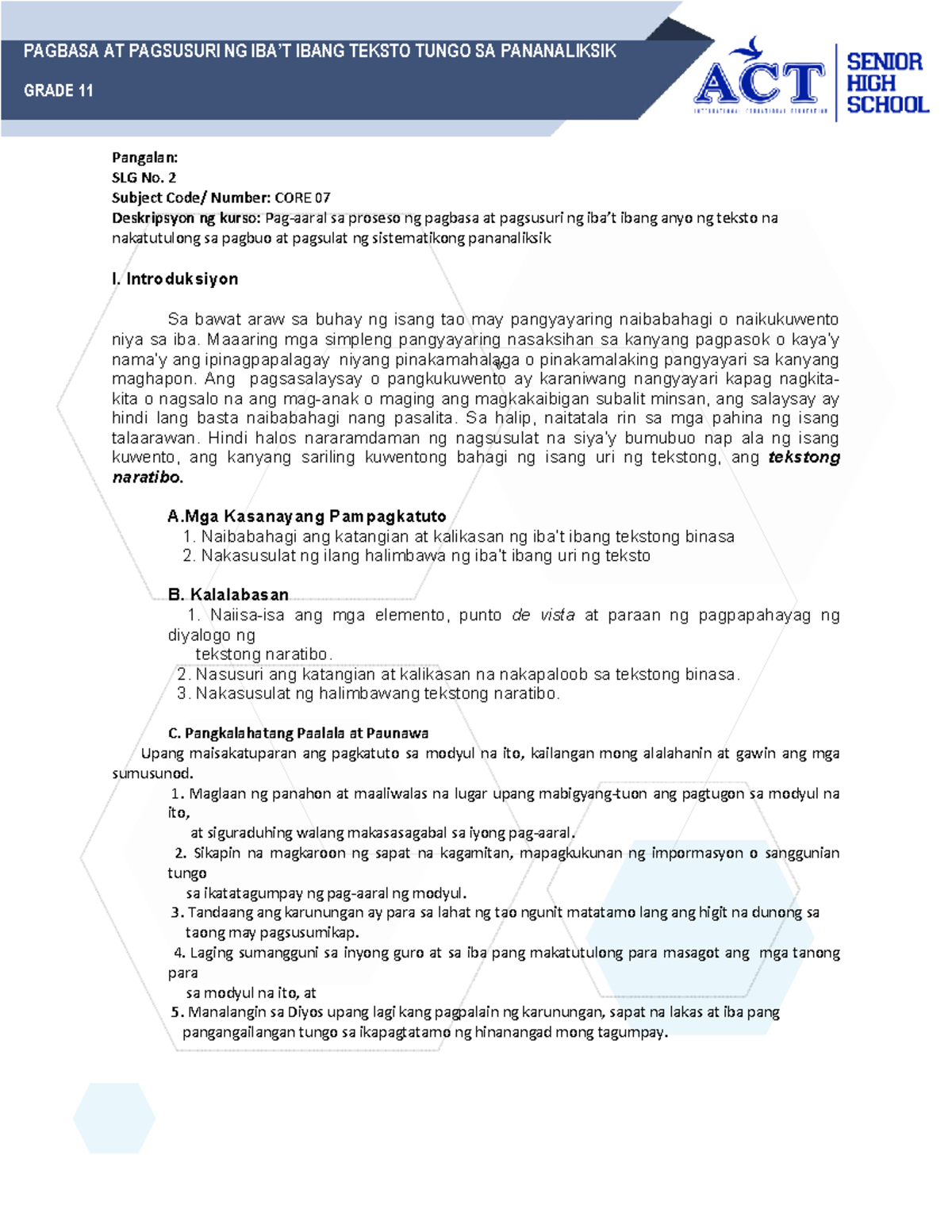 Modyul 2 Filipino 11 - study in advance - GRADE 11 v Pangalan: SLG No ...