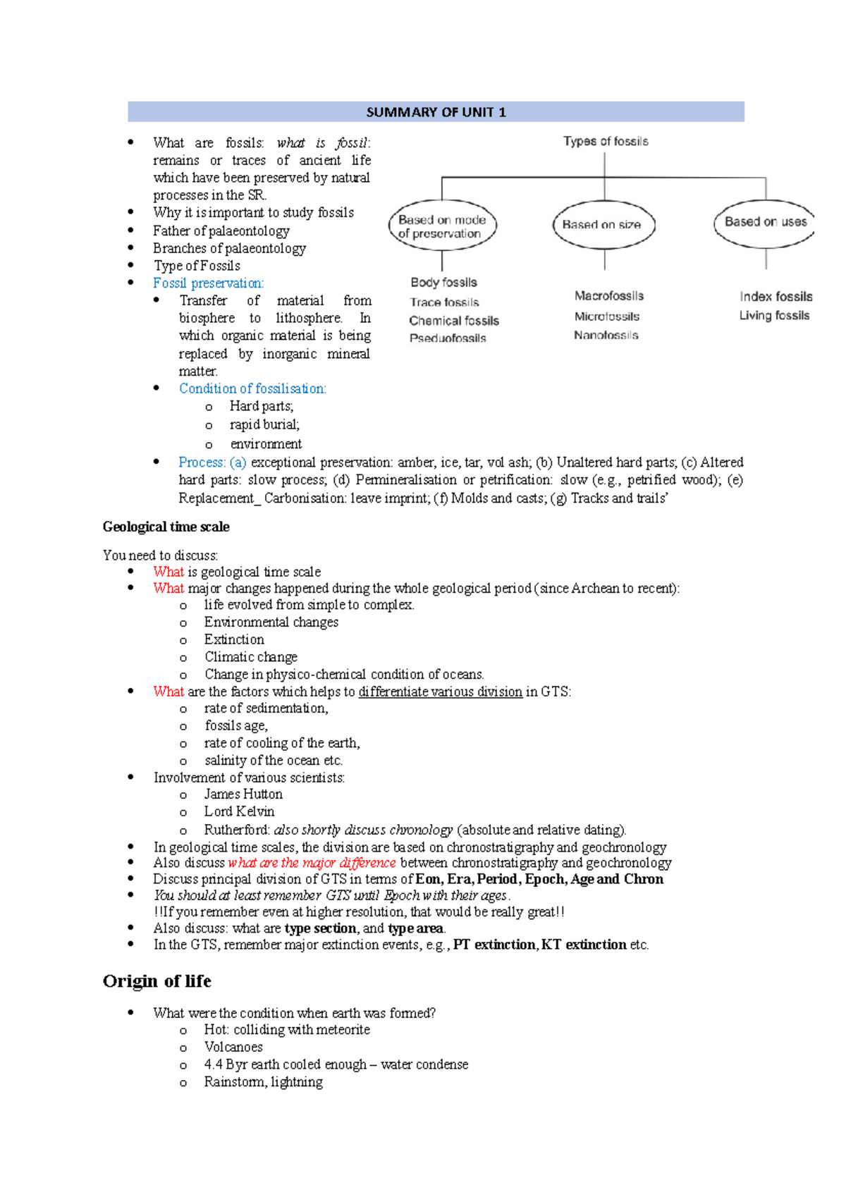 Unit 1 Summary - Evol through ages - SUMMARY OF UNIT 1 What are fossils ...