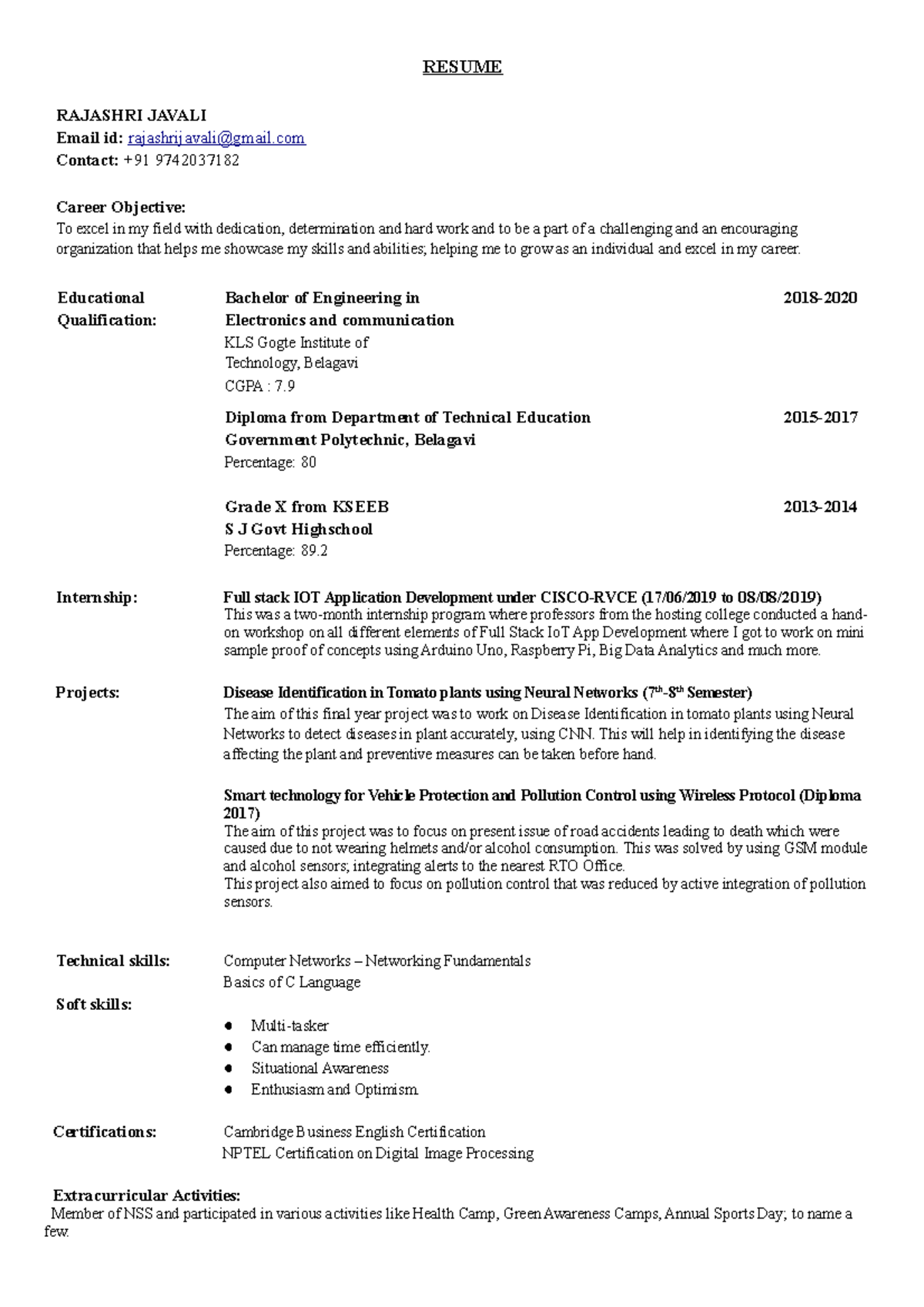 Rajashri javali 23 - Detailed resume - RESUME RAJASHRI JAVALI Email id ...