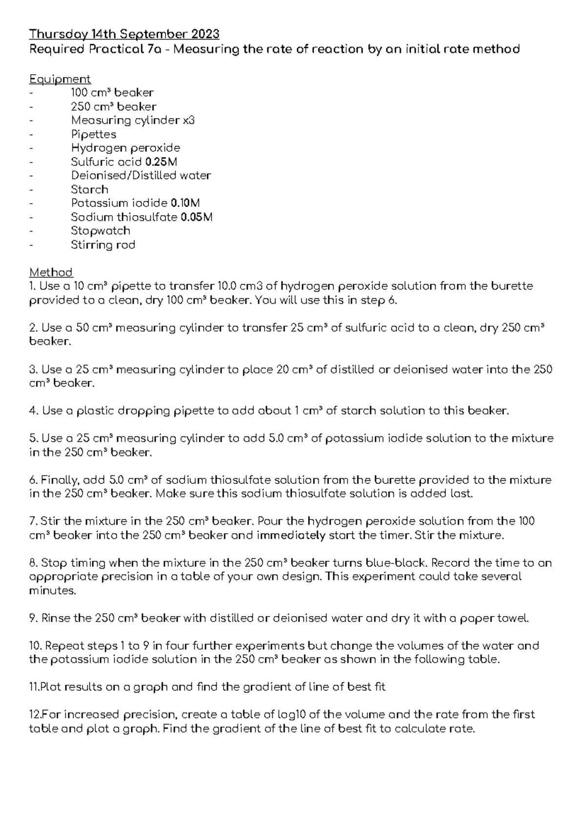 Chemistry RP 7a write up - Thursday 14th September 2023 Required ...