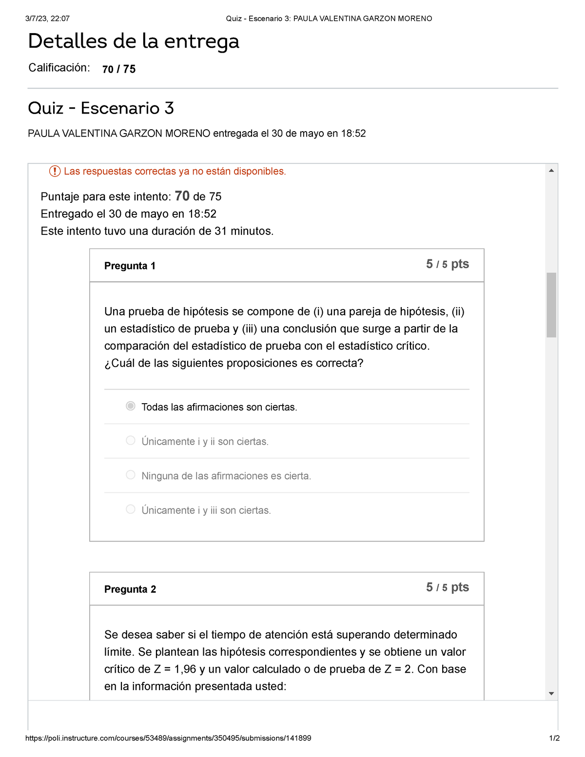 Quiz - Escenario 3 Calidad - 3/7/23, 22:07 Quiz - Escenario 3: PAULA ...