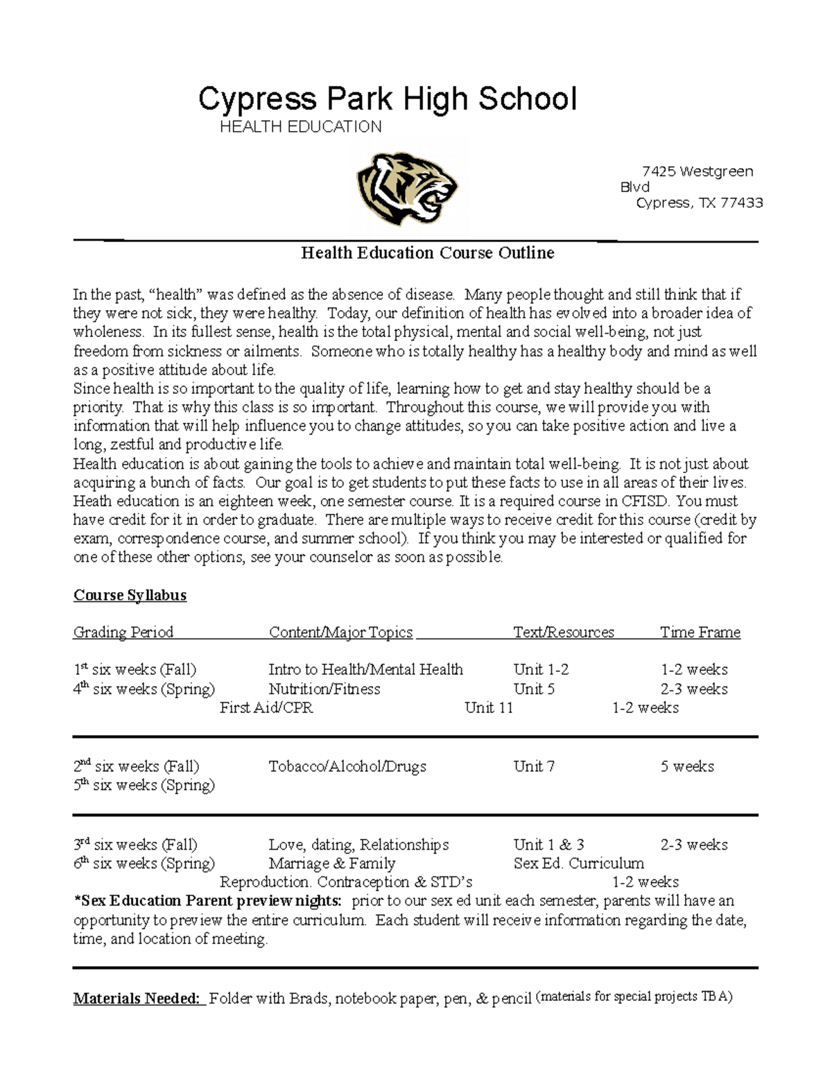 1- Course Syllabus WEEK 1 DAY 1 - Health Education Course Outline In ...