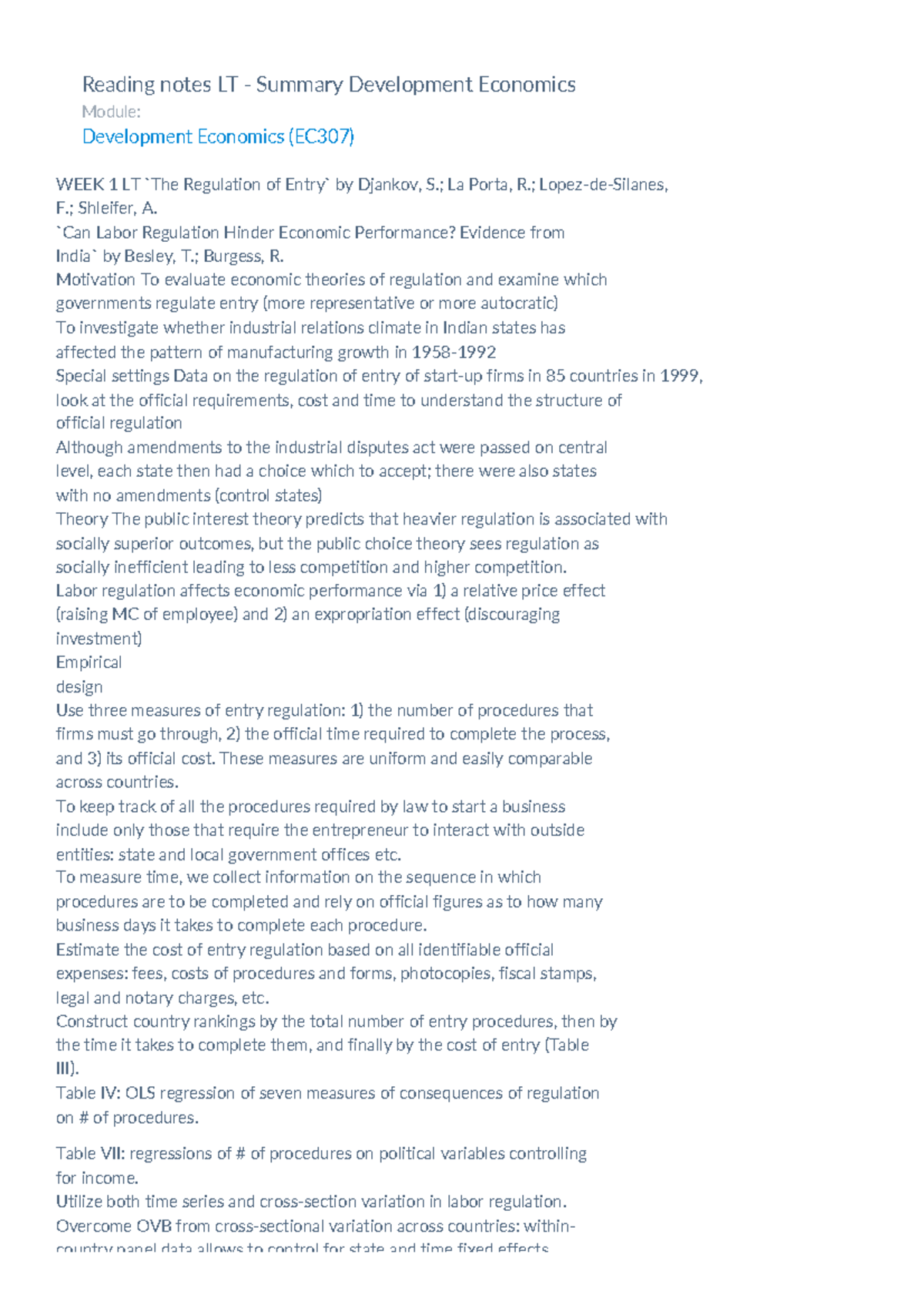 Notes for the module - Reading notes LT - Summary Development Economics ...
