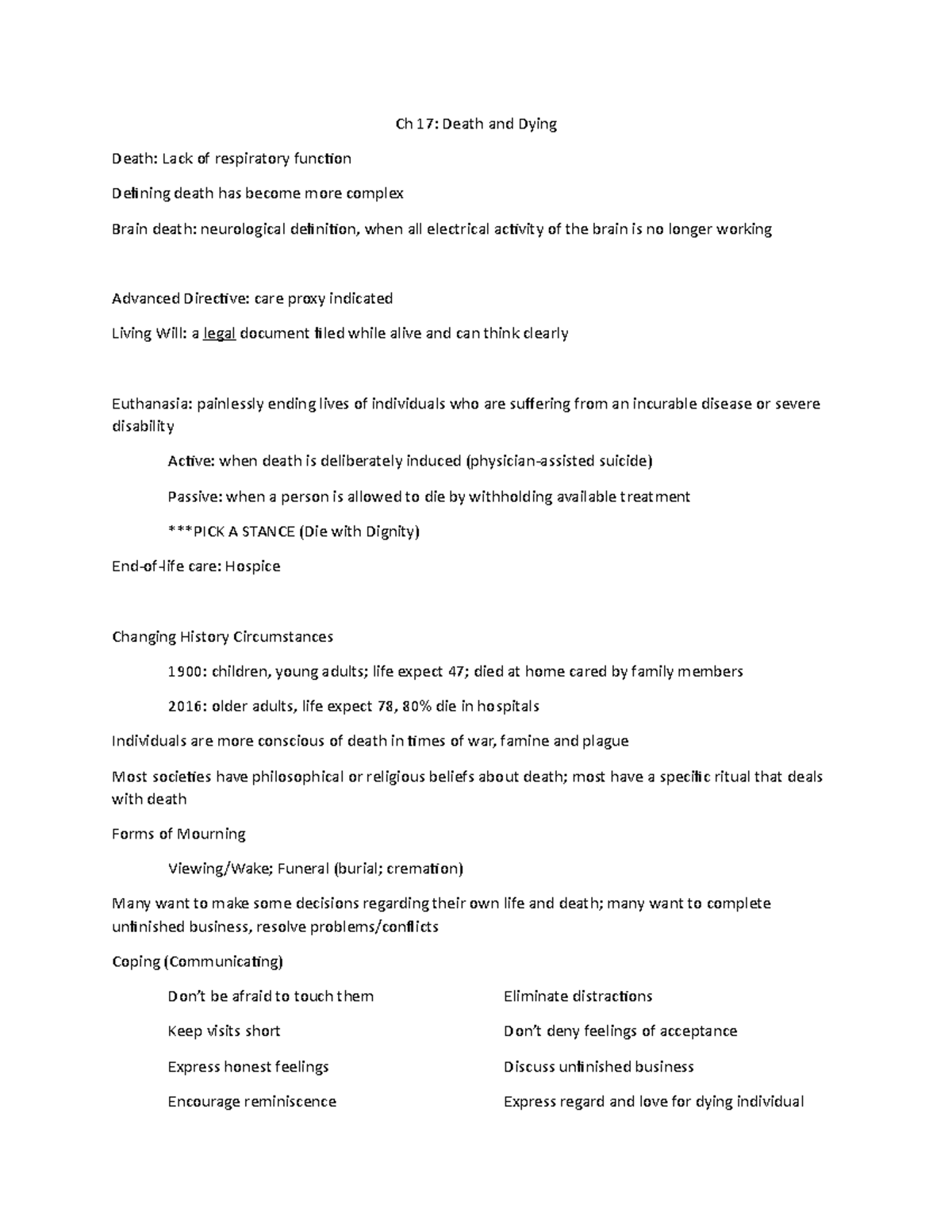 Ch 17 - Lecture notes 17 - Ch 17: Death and Dying Death: Lack of ...