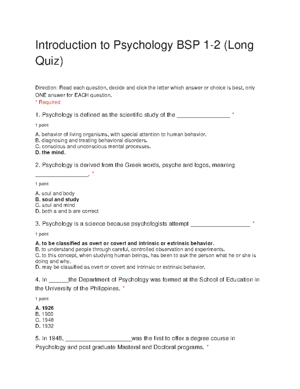 Introduction To Psychology Quiz - Introduction To Psychology BSP 1-2 ...