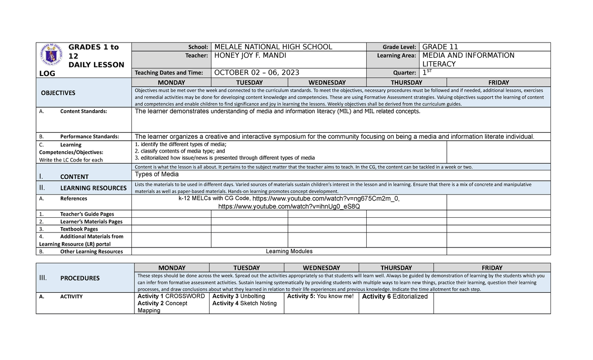 Mil week 6 - MELCA BASED - GRADES 1 to 12 DAILY LESSON LOG School ...