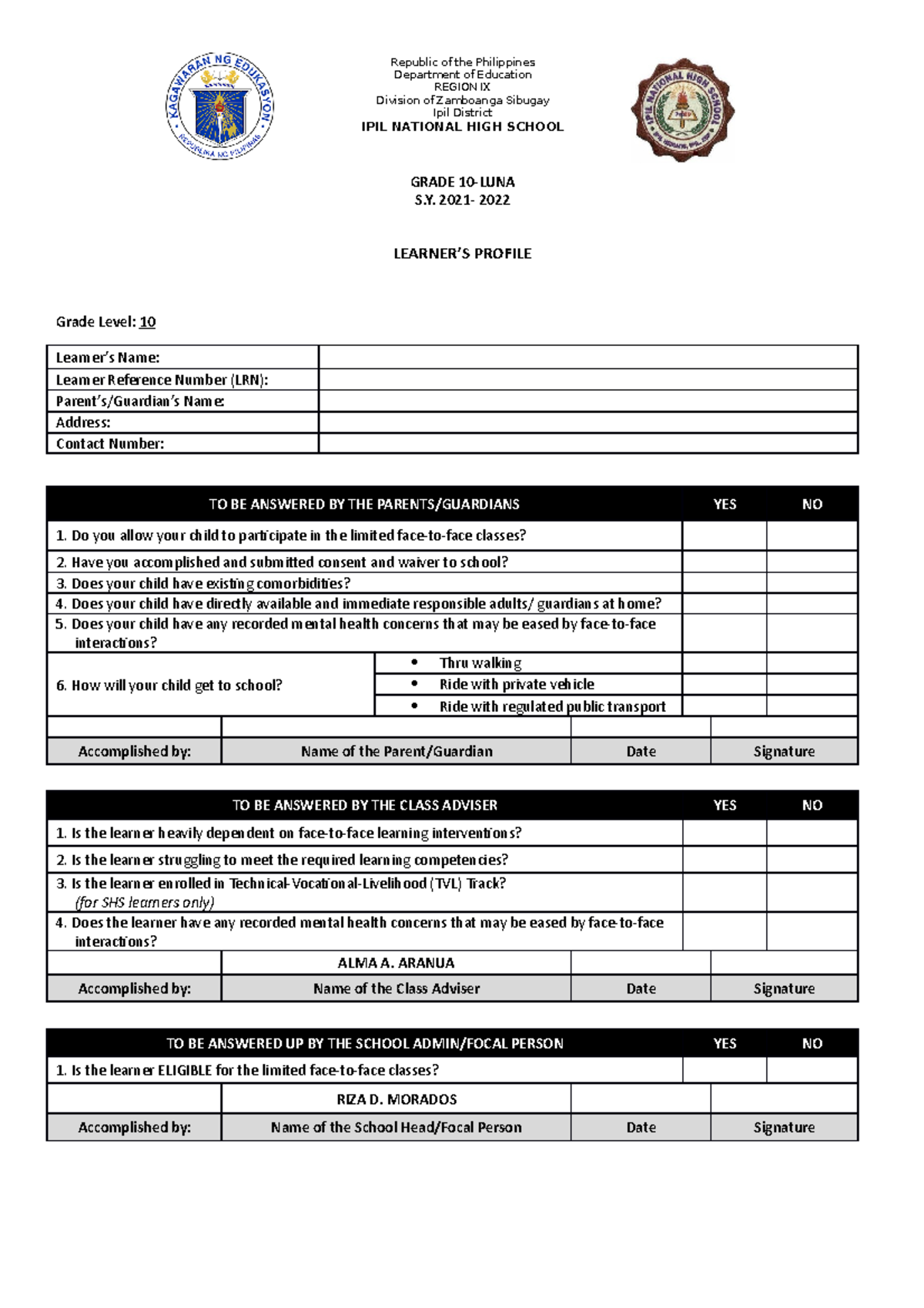 Student- Profile-LUNA - Republic of the Philippines Department of ...