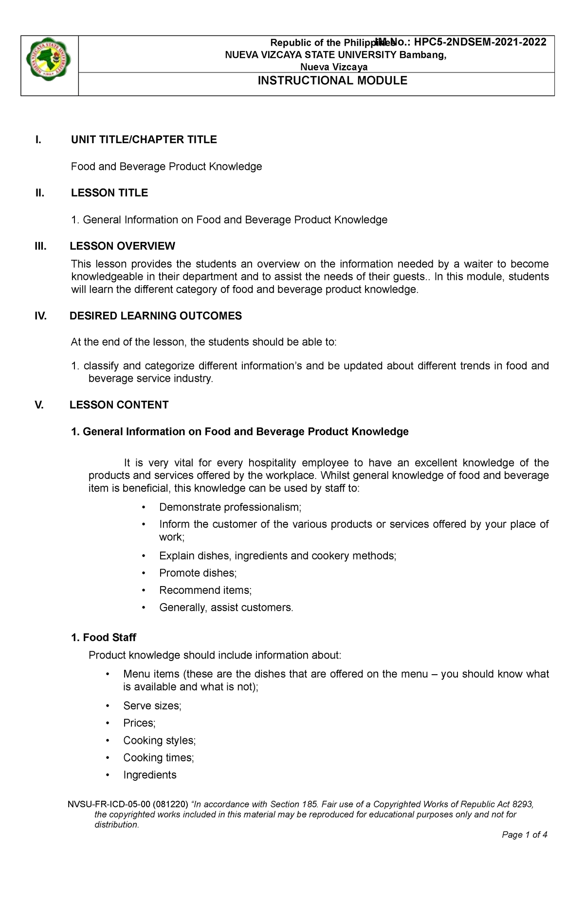 Module 7 (FOOD AND Beverage Product Knowledge) - I. UNIT TITLE/CHAPTER ...