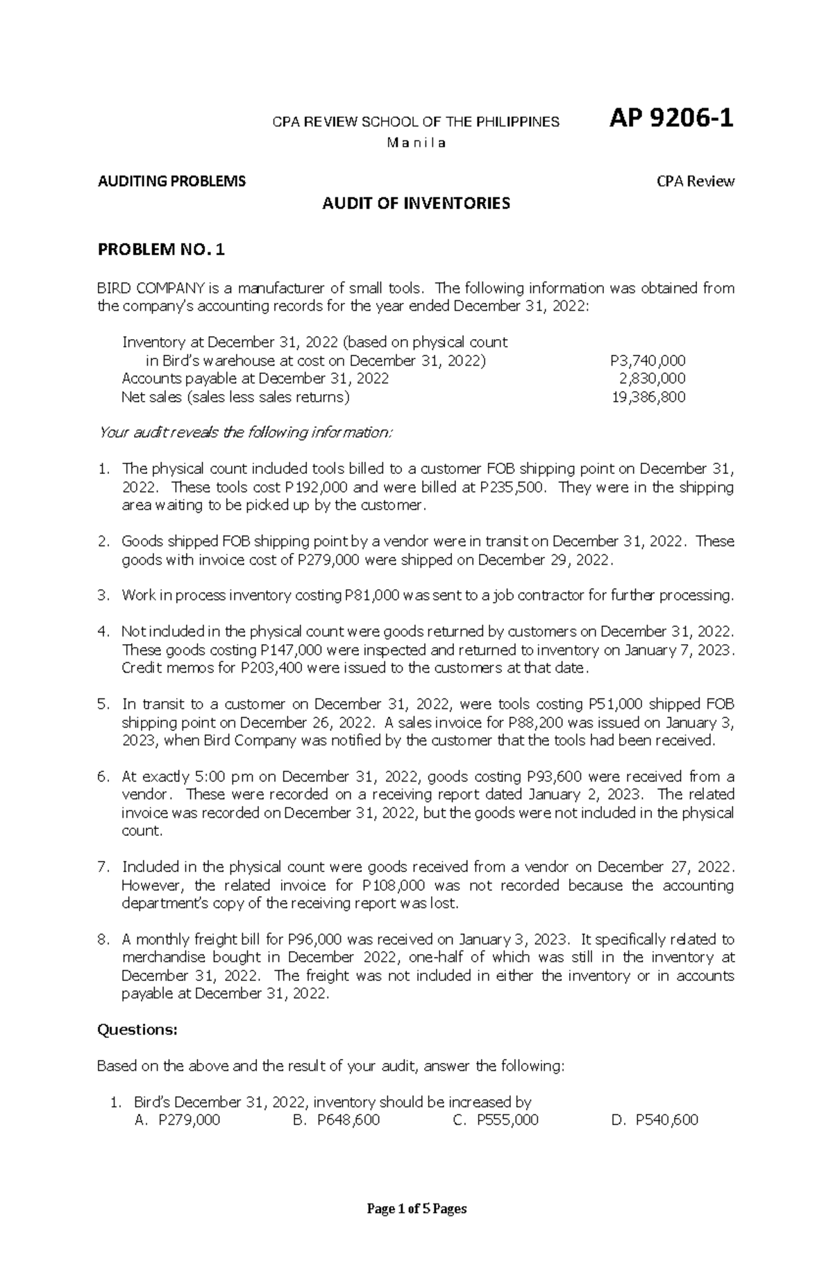 AP 9206-1 Inventories - AP 9205-2 Investments - CPA REVIEW SCHOOL OF ...