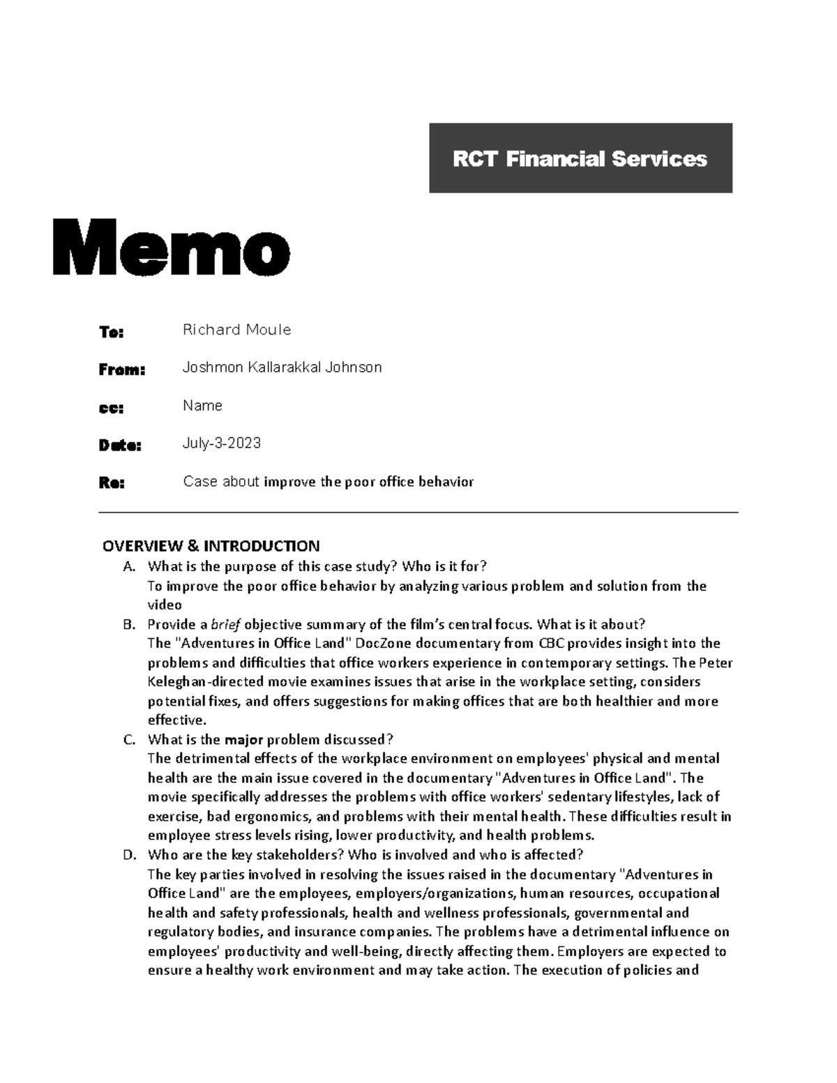 Case Study Memo Template - COMM-3020 - Fanshawe - Studocu