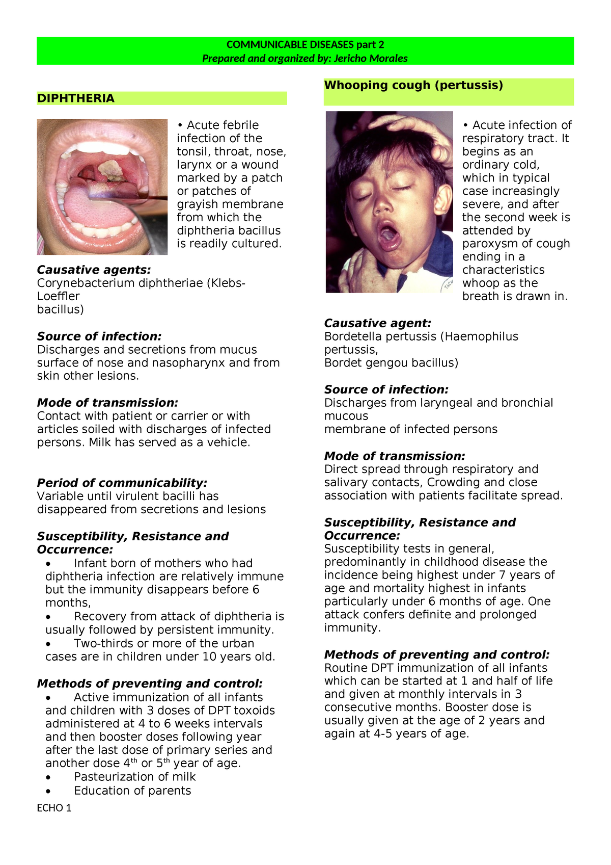 Communicables diseases 2 - Prepared and organized by: Jericho Morales ...