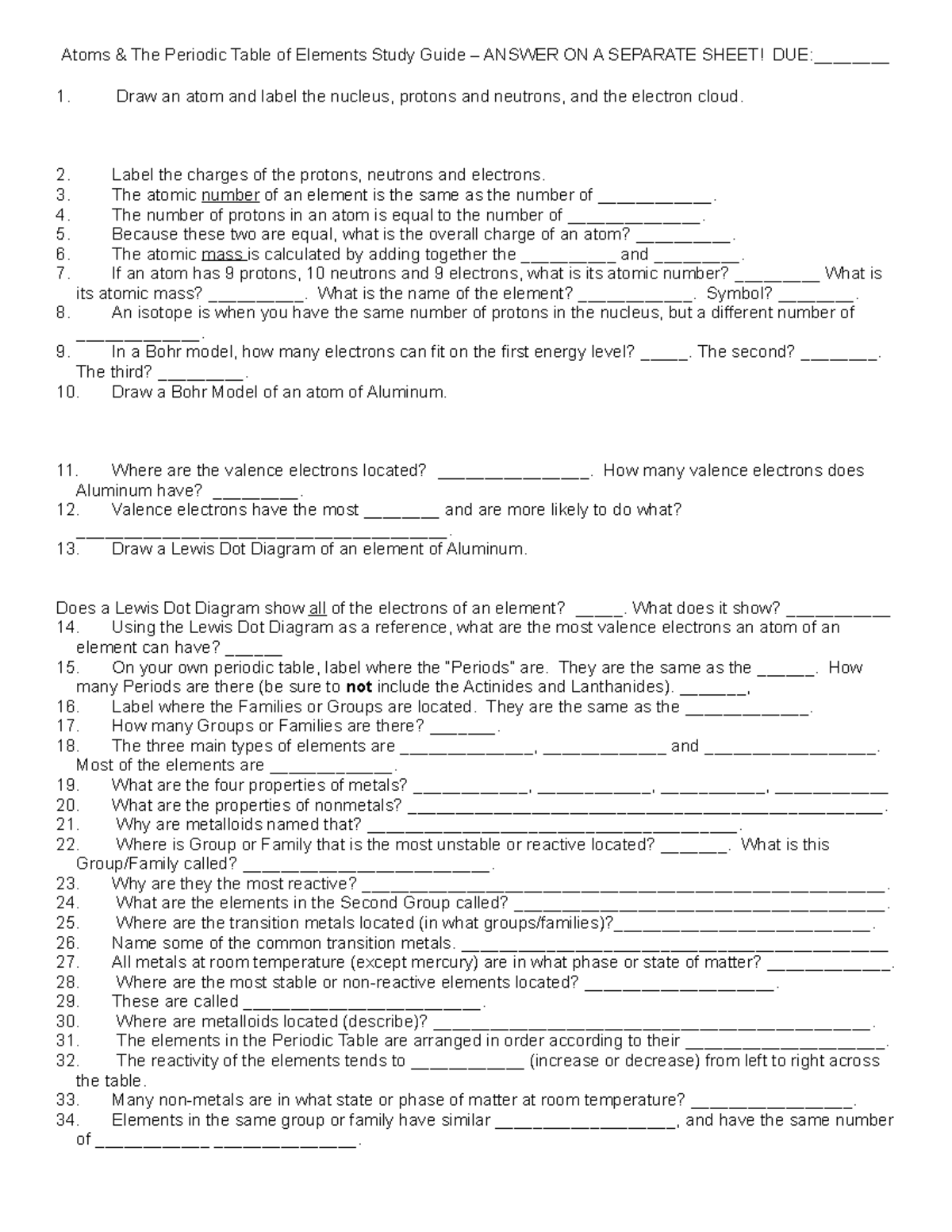 Atomic Structure and Periodic Table Study Guide - Atoms & The Periodic ...