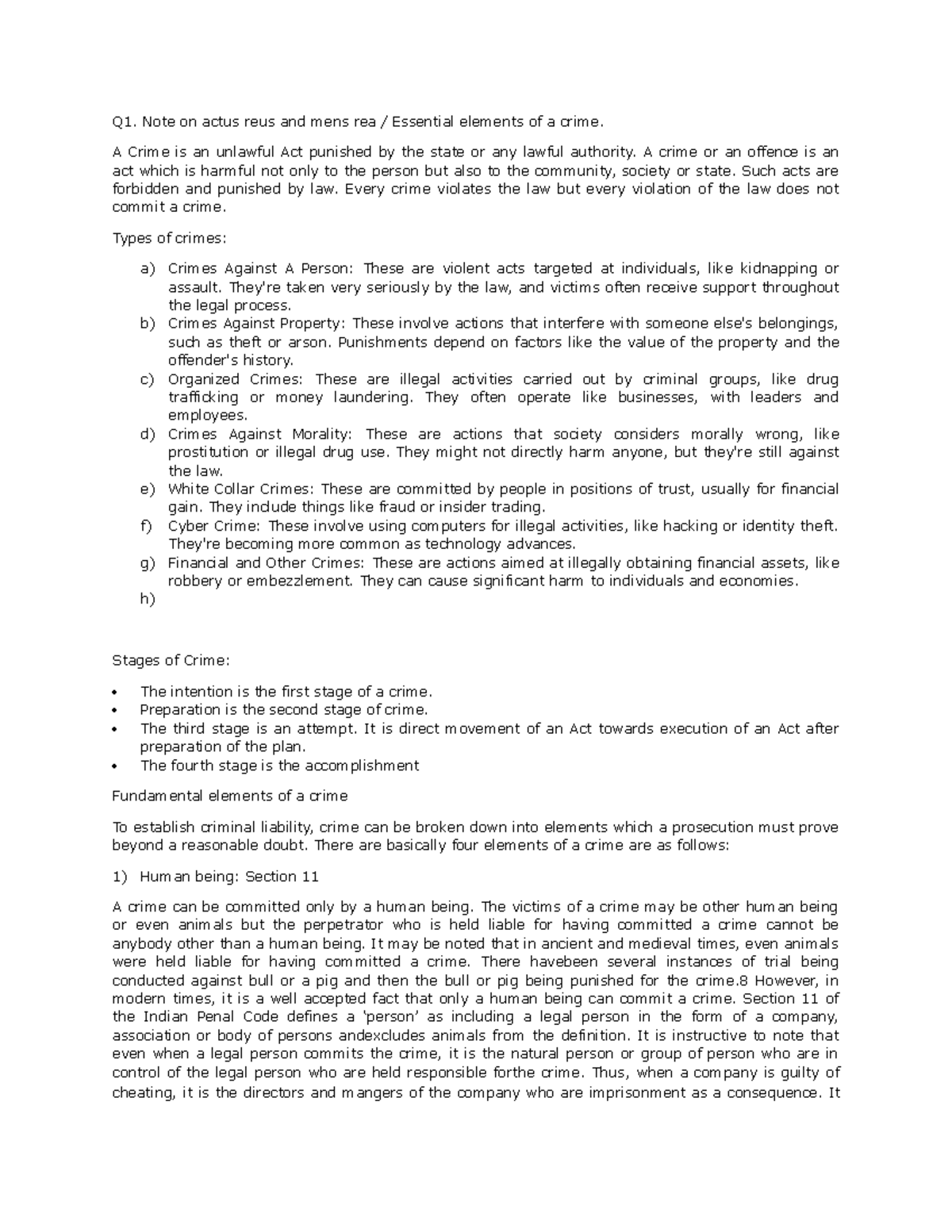 IPC notes - Q1. Note on actus reus and mens rea / Essential elements of ...