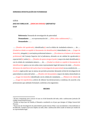 Modelo demanda de investigacion de paternidad - DEMANDA INVESTIGACI”N DE  PATERNIDAD SE—OR JUEZ DE - Studocu