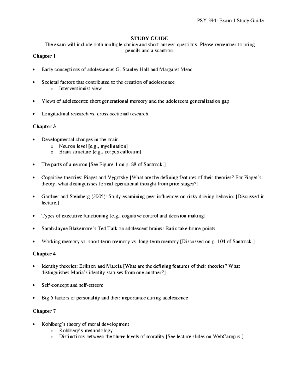 Exam Study Guide - PSY 3 34: Exam 1 Study Guide STUDY GUIDE The exam ...