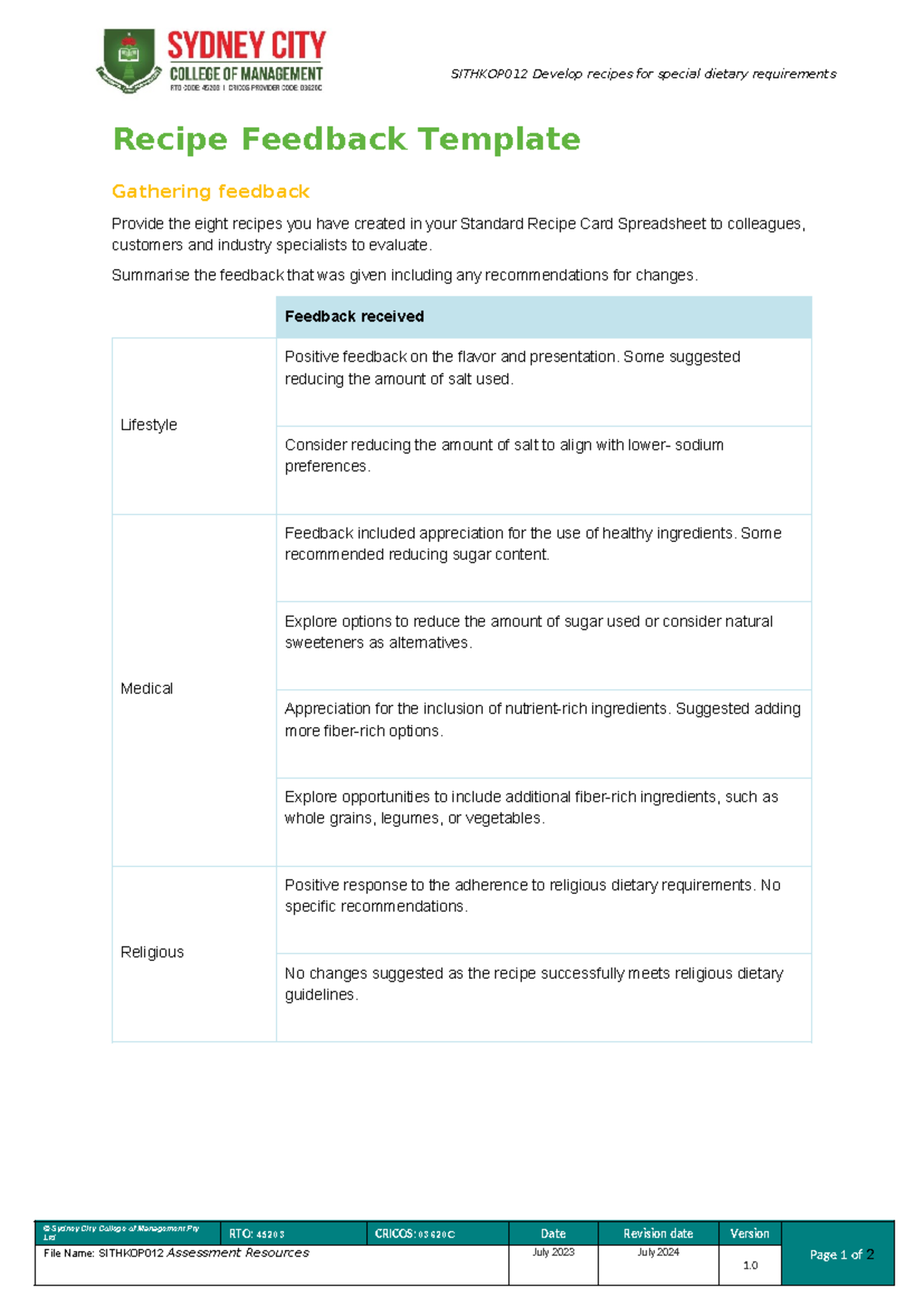Sithkop 012 recipe feedback template sithkop012 develop recipes for
