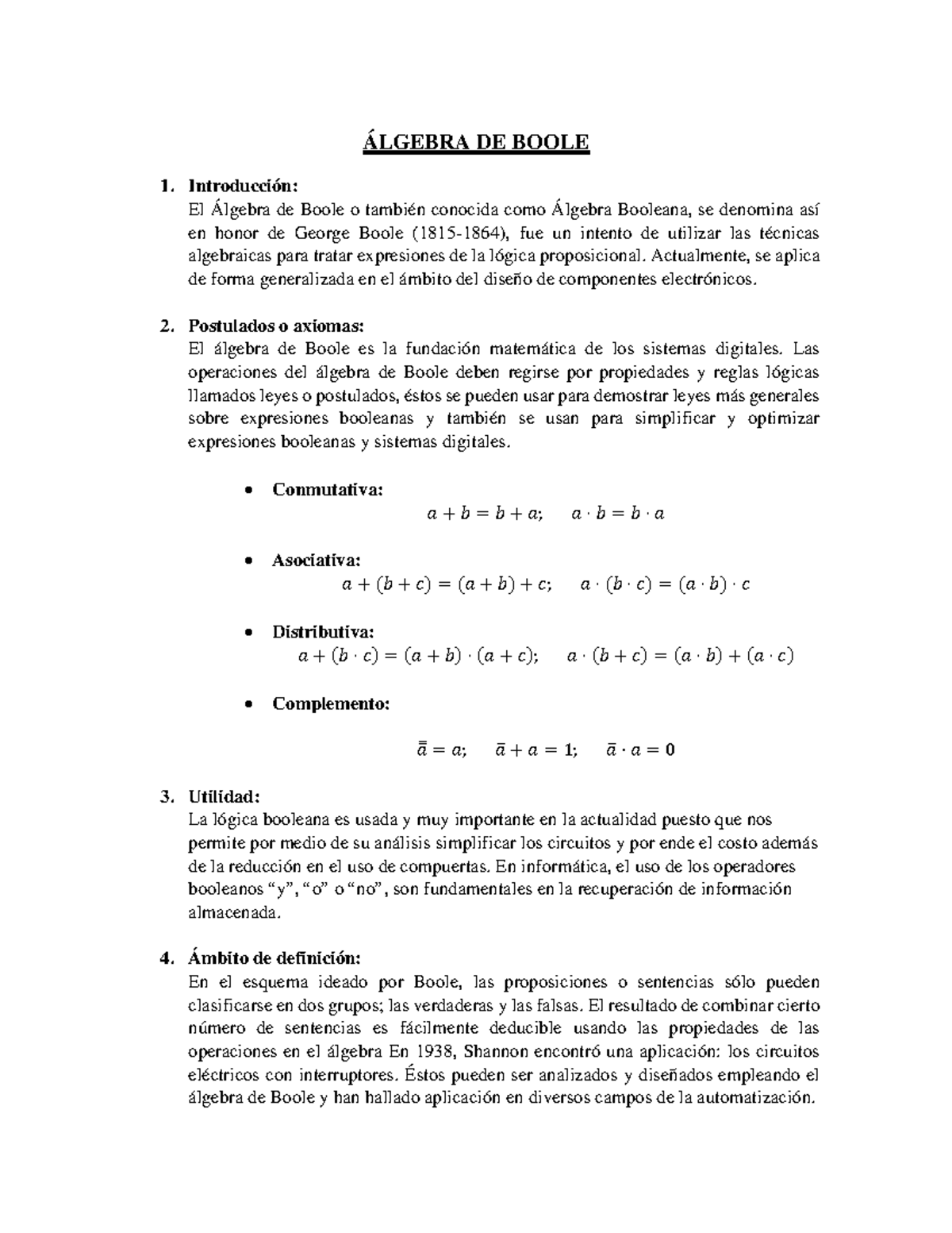 Álgebra De Boole - Apuntes 1 - ÁLGEBRA DE BOOLE 1. Introducción: El ...