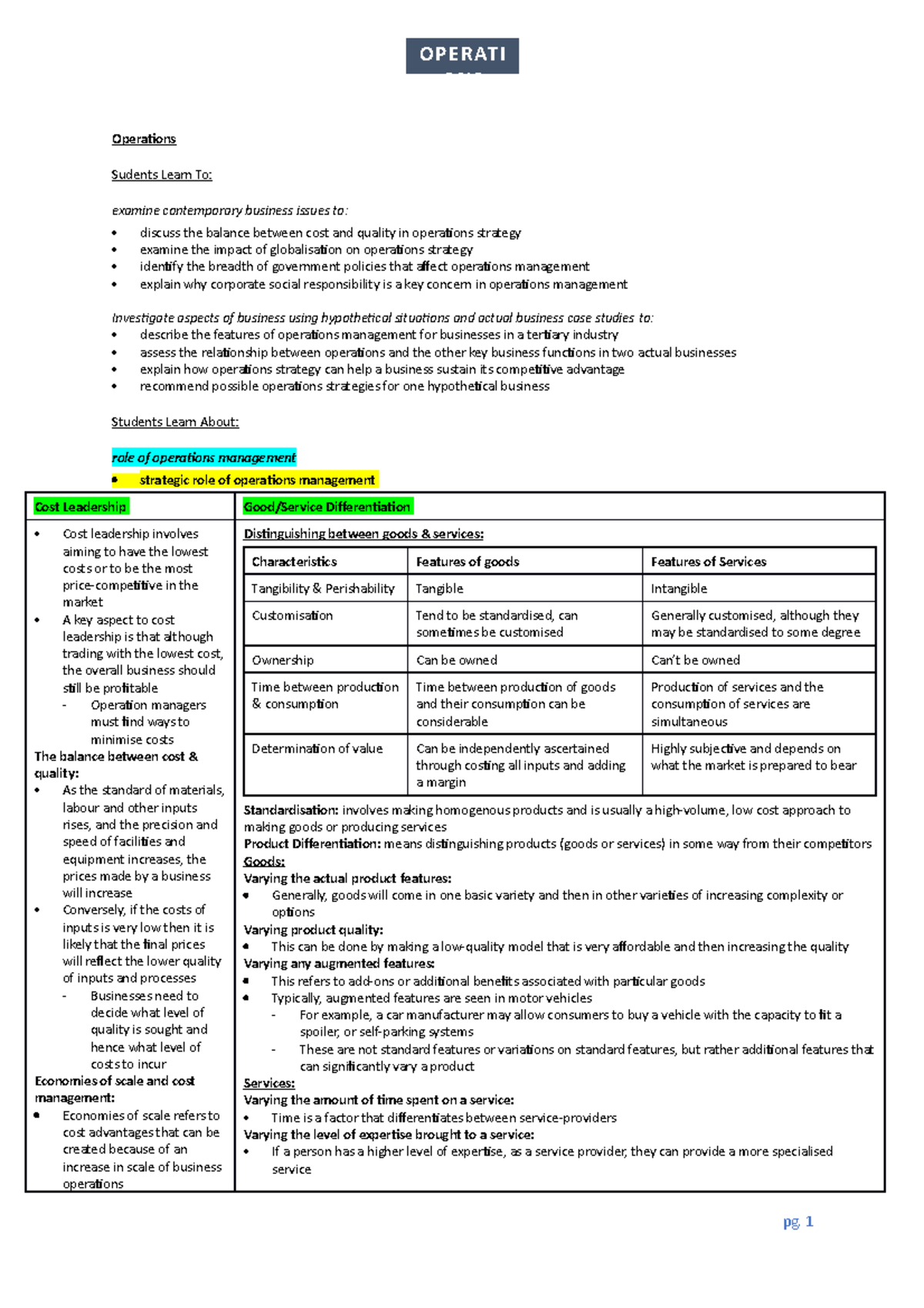 Operations Notes - Operations Sudents Learn To: examine contemporary ...
