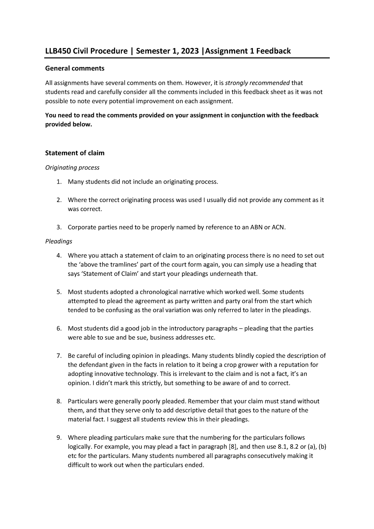 General feedback sheet - Assignment 1 - Updated - LLB450 Civil ...