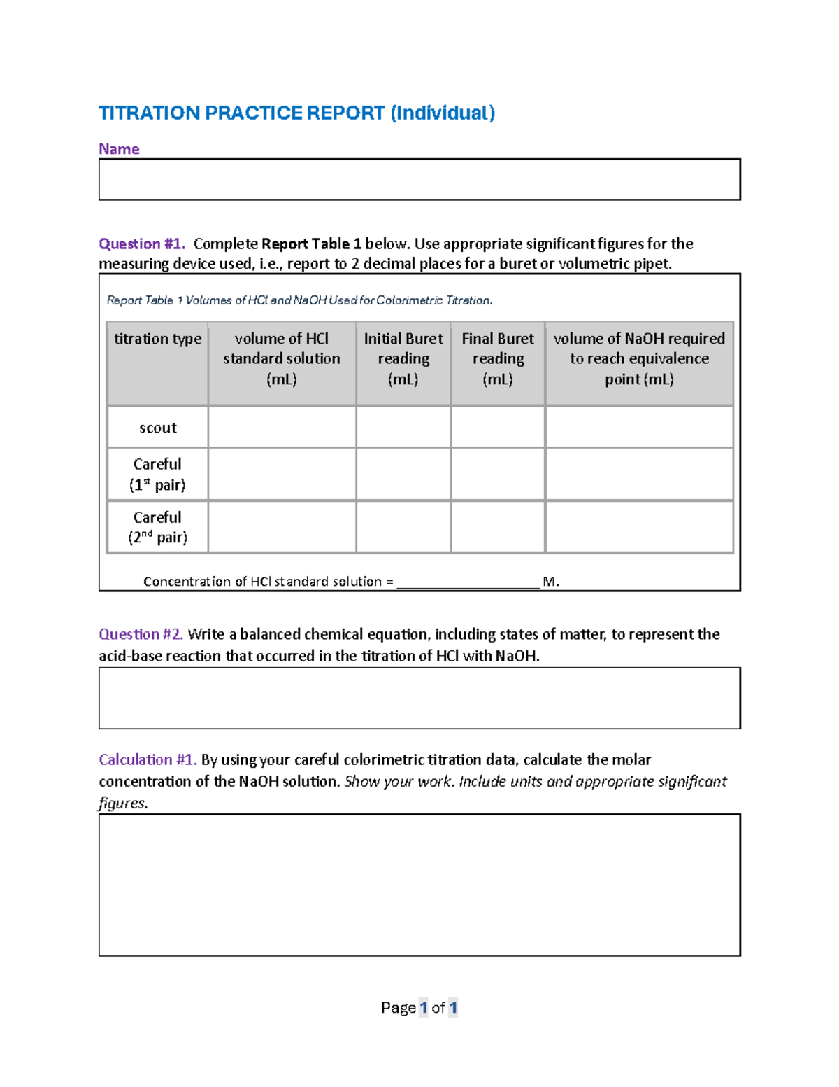 116 lab0 - lab0 - Page 1 of 1 TITRATION PRACTICE REPORT (Individual ...