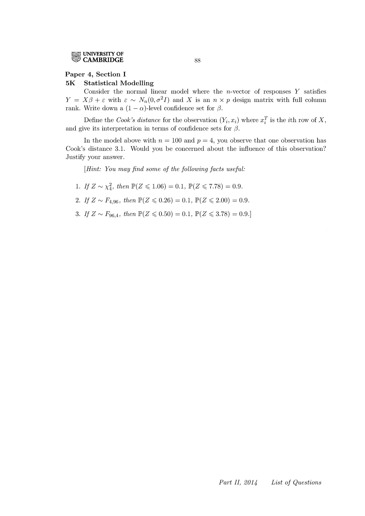 Statistical Modelling Past Exam Questions - Paper 4, Section I 5K ...