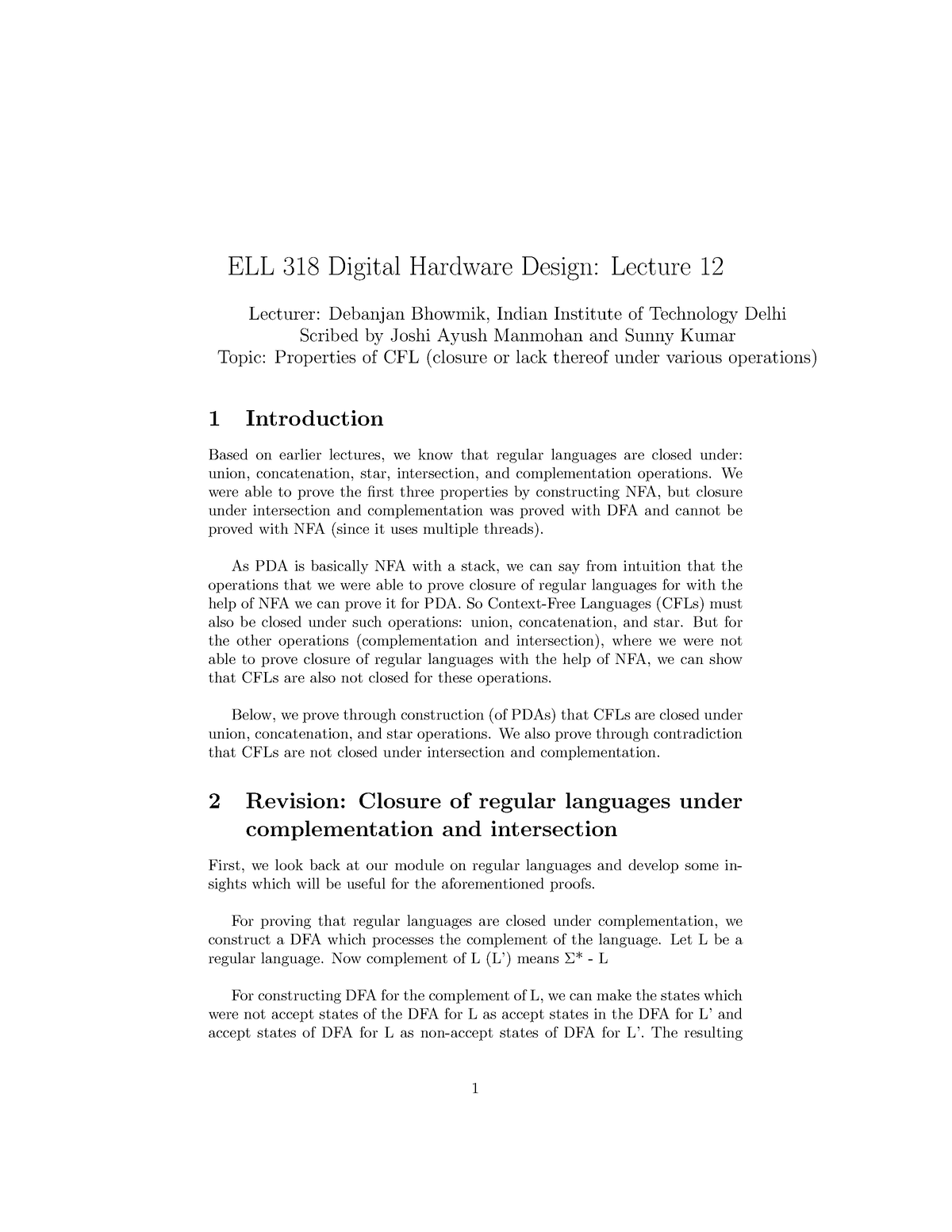 ELL 318 Lecture 12 Properiesof CFL DBrevised - ELL 318 Digital Hardware ...