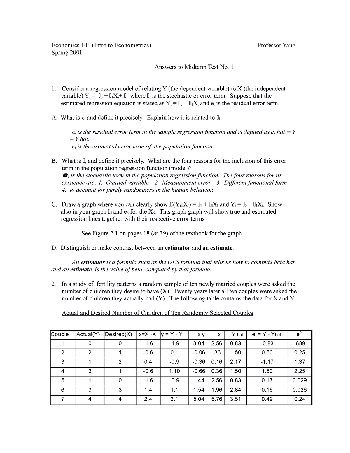 Answers To Test1 Econ141 - Economics 141 (Intro To Econometrics ...