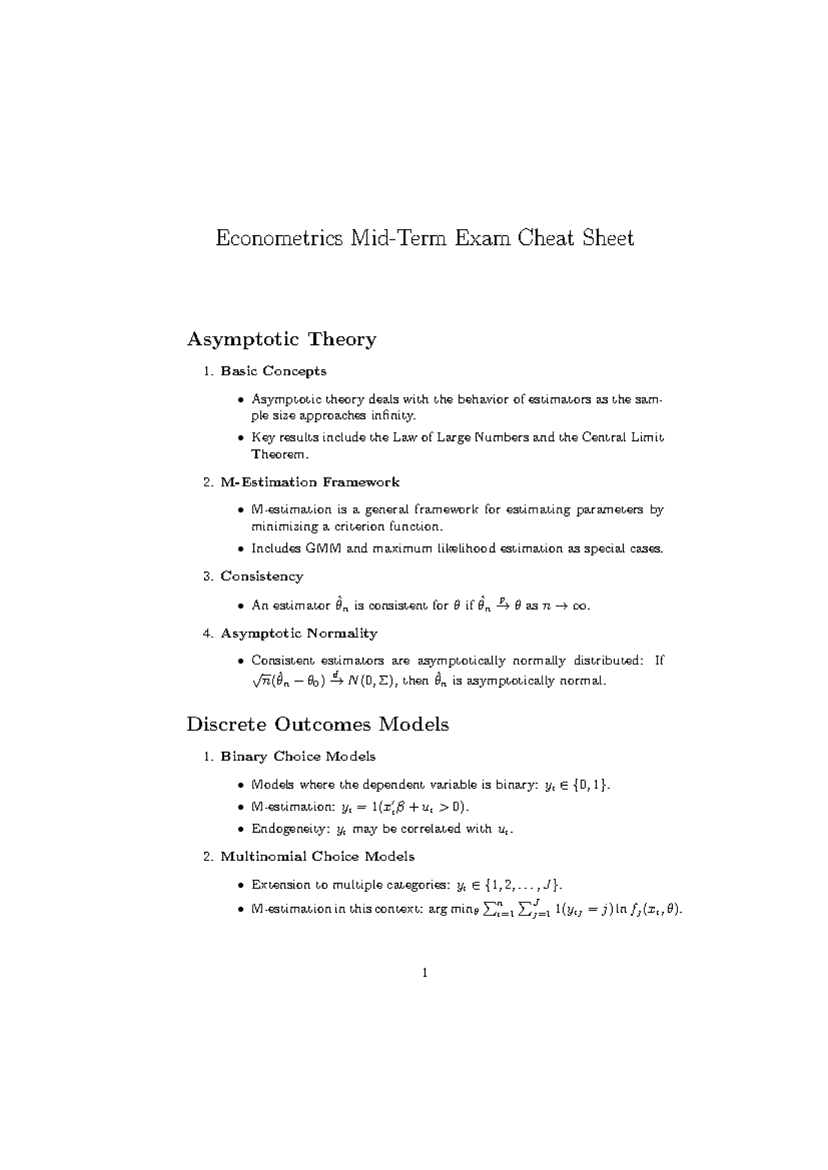 Examprep Econometrics Mid Term Exam Cheat Sheet Asymptotic Theory Basic Concepts Asymptotic