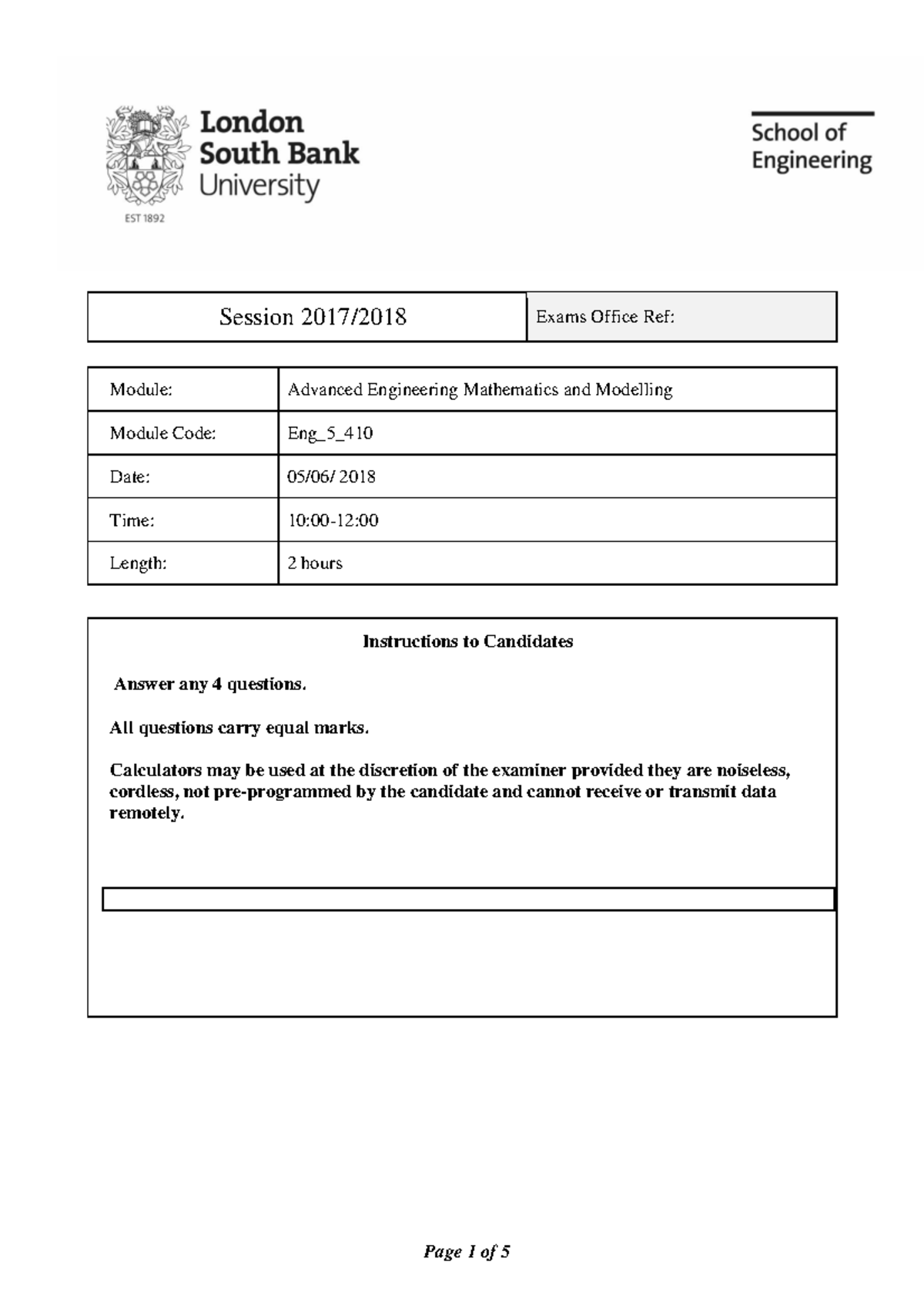 ENG 5 410 -June-Main Exam 2017-2018 - Session 2017/ Exams Office Ref ...