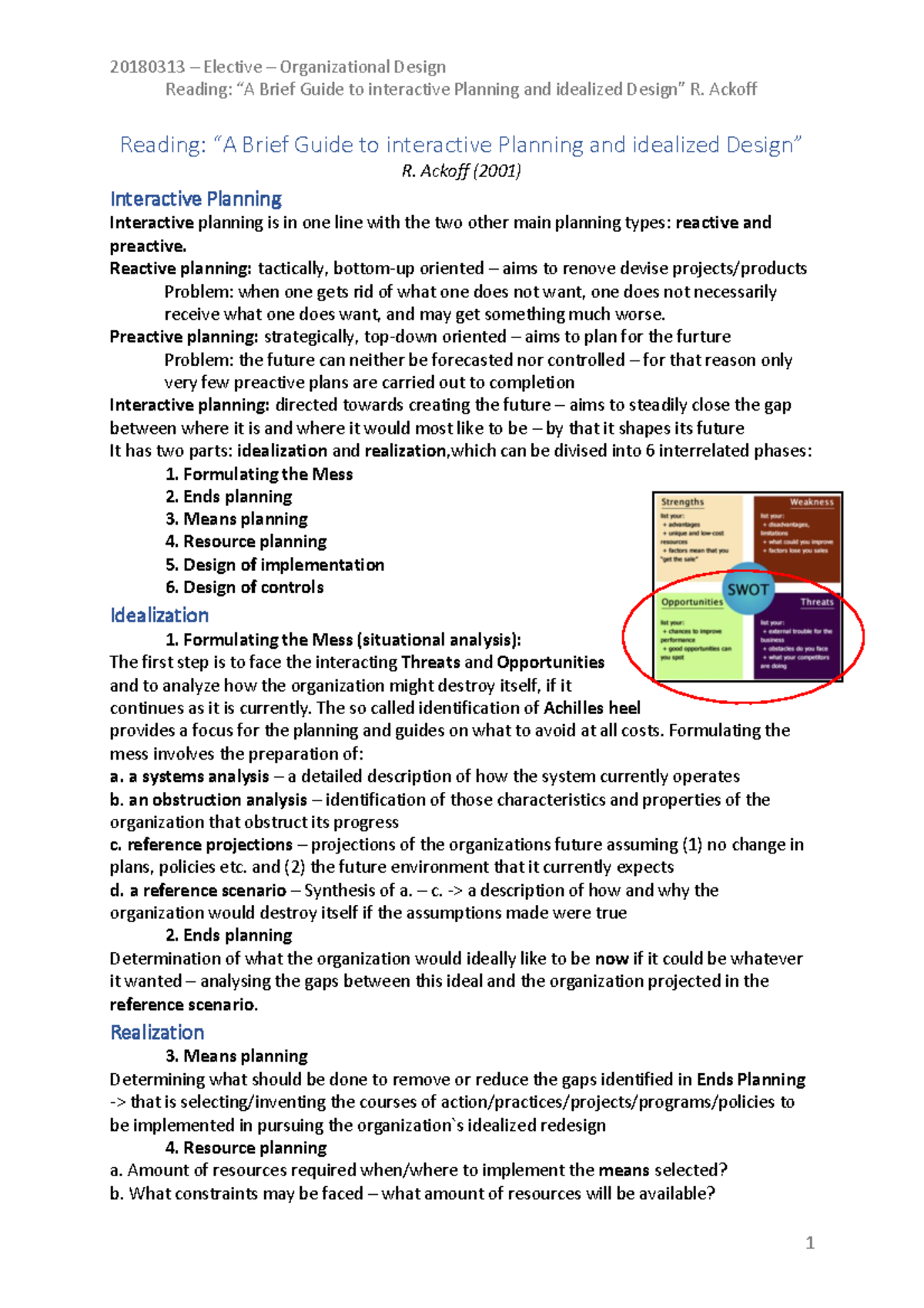 Reading Organizational Design Ackoff 20180313 Elective Organizational