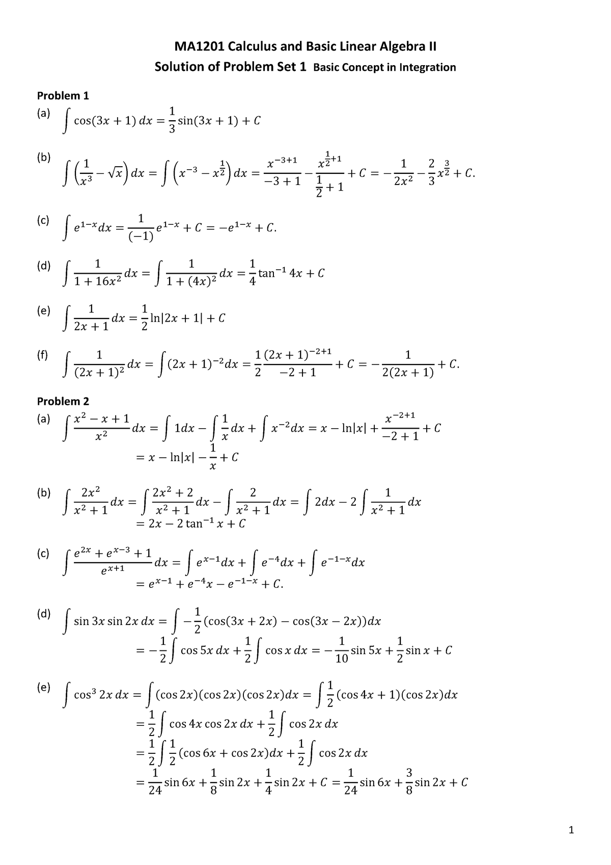 Solution Set 1 Integration - MA1201 Calculus And Basic Linear Algebra ...