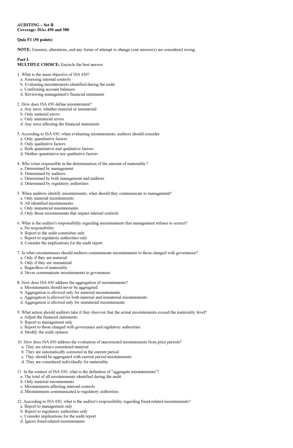 FQ1 - Auditing - Set B - AUDITING – Set B Coverage: ISAs 450 And 580 ...