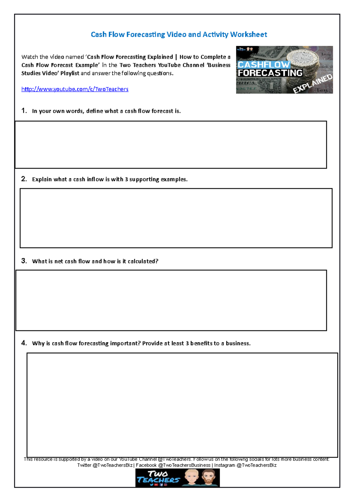 Cashflow Forecasting Activity Worksheet Linked to Video - Cash Flow ...