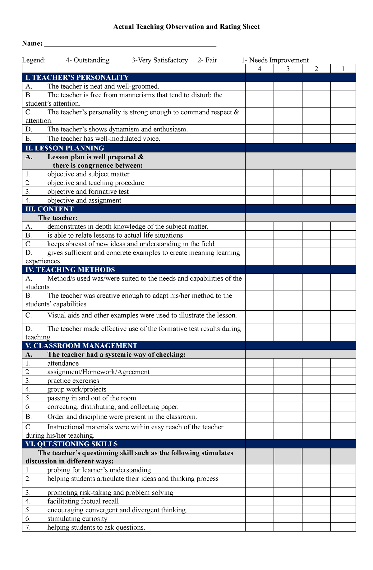 Actual Teaching Observation and Rating Sheet - TEACHER’S PERSONALITY A ...