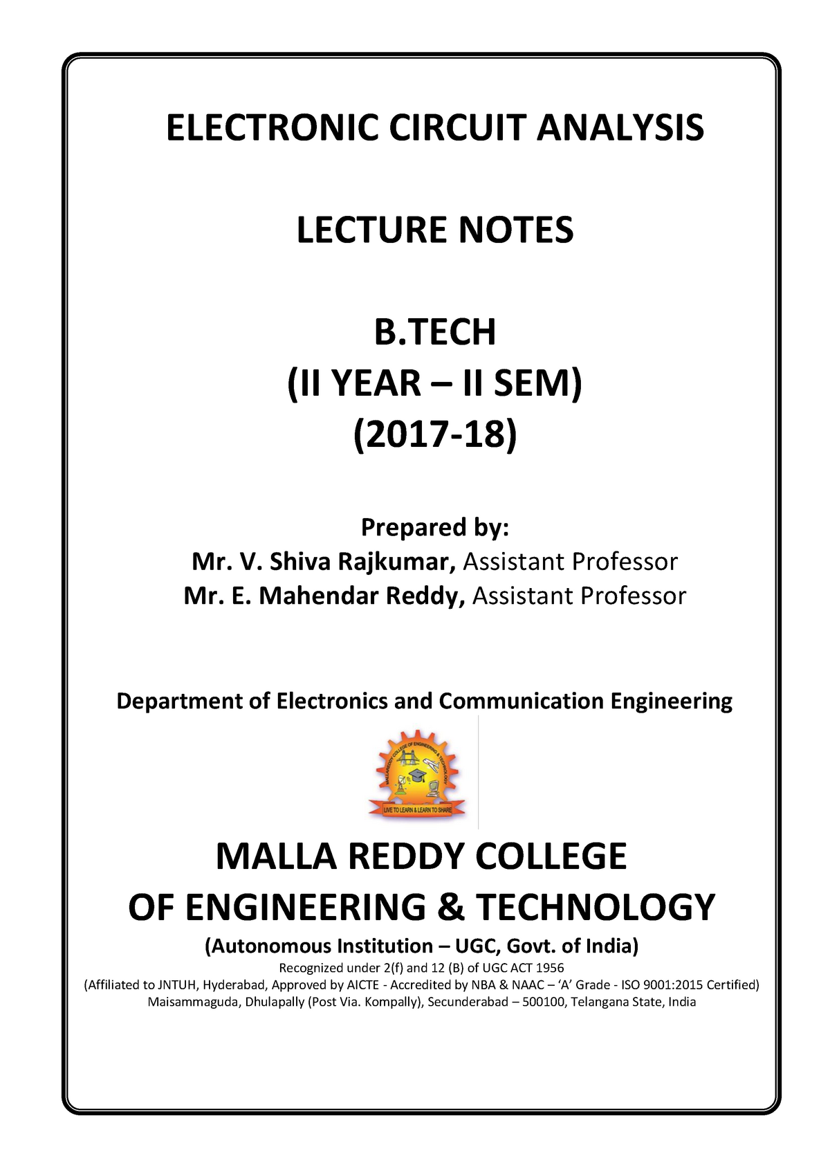 Electronic Circuit Analysis - ELECTRONIC CIRCUIT ANALYSIS LECTURE NOTES ...