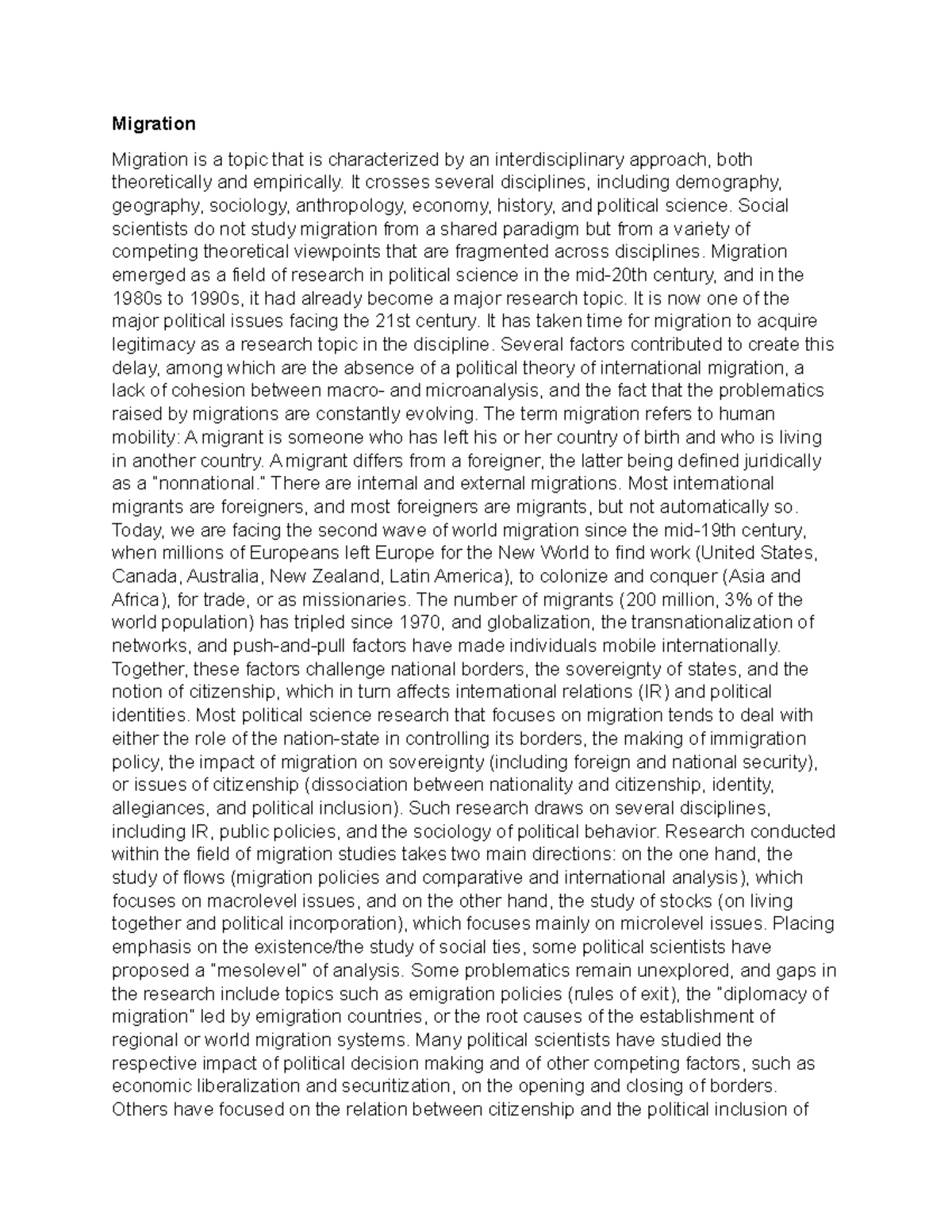 Migration - Migration Migration is a topic that is characterized by an ...