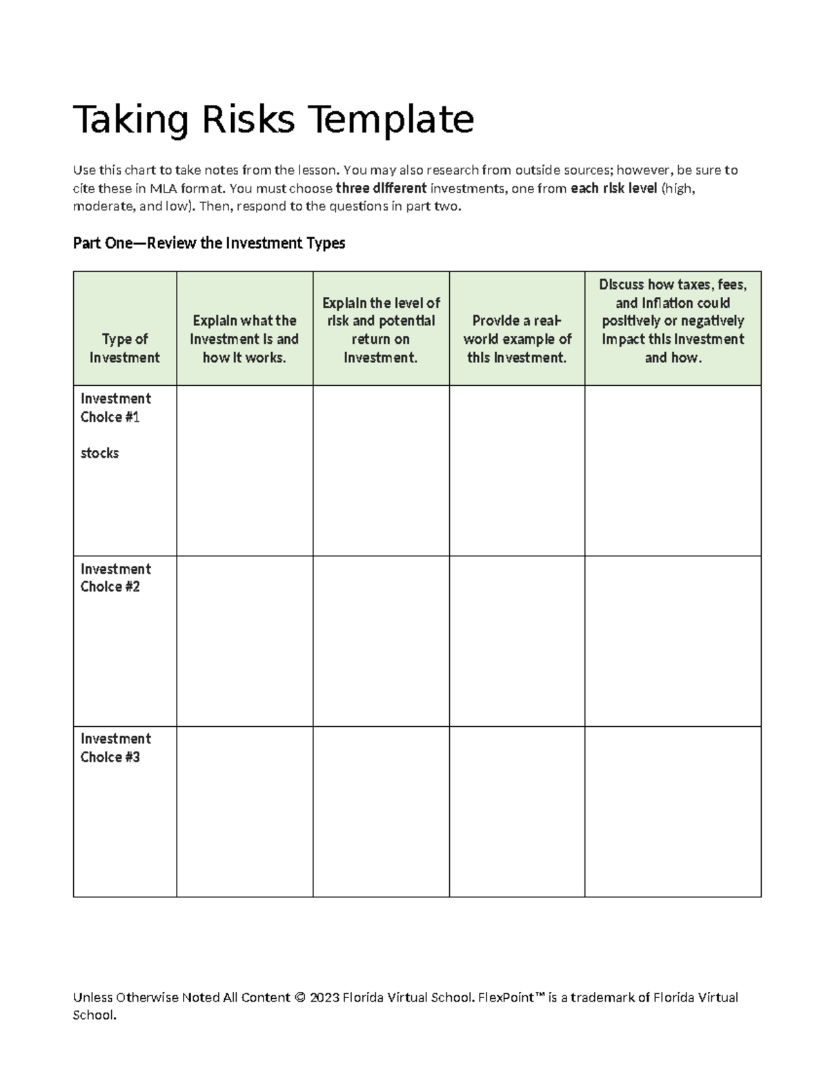 Taking risks - .... - Taking Risks Template Use this chart to take ...