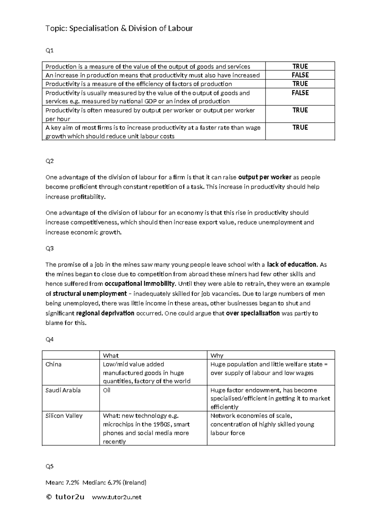 03b) Specialisation and Division of Labour Answers Topic