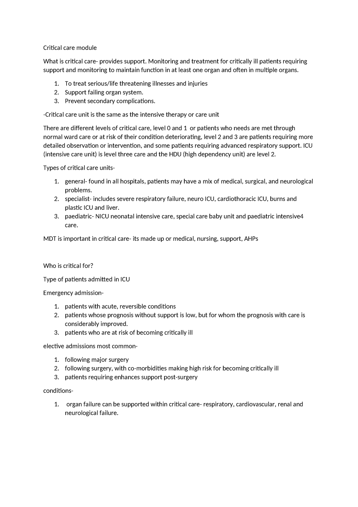 Critical care module - notes - Critical care module What is critical ...