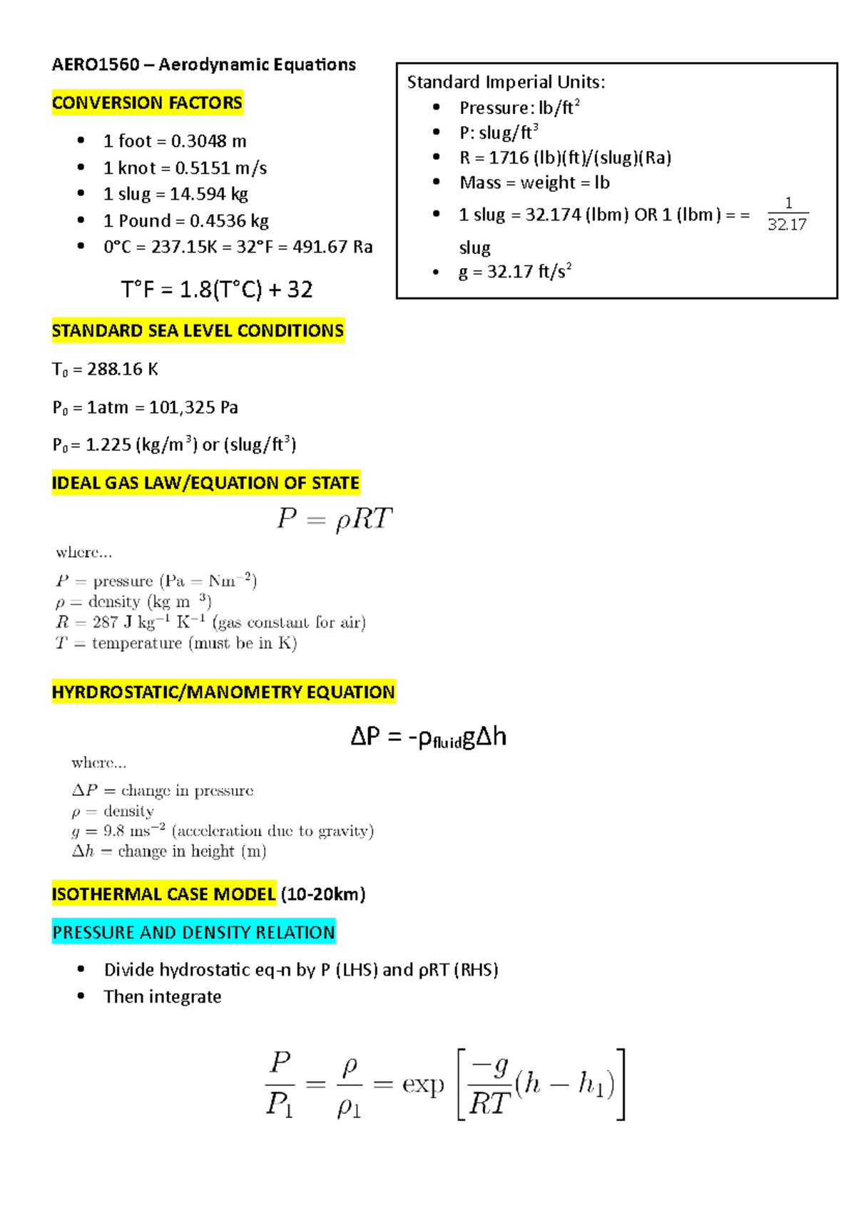 Formula sheet AERO1560 Aerodynamic Equations CONVERSION FACTORS 1