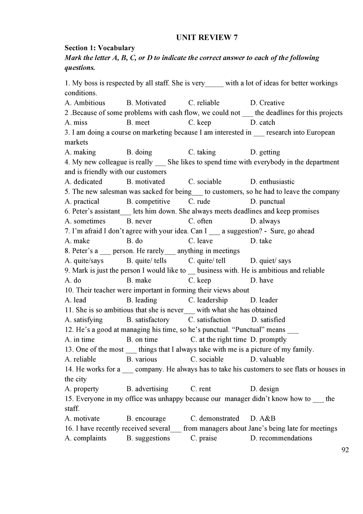 Supplementary-A3- U7-9 - UNIT REVIEW 7 Section 1: Vocabulary Mark the ...