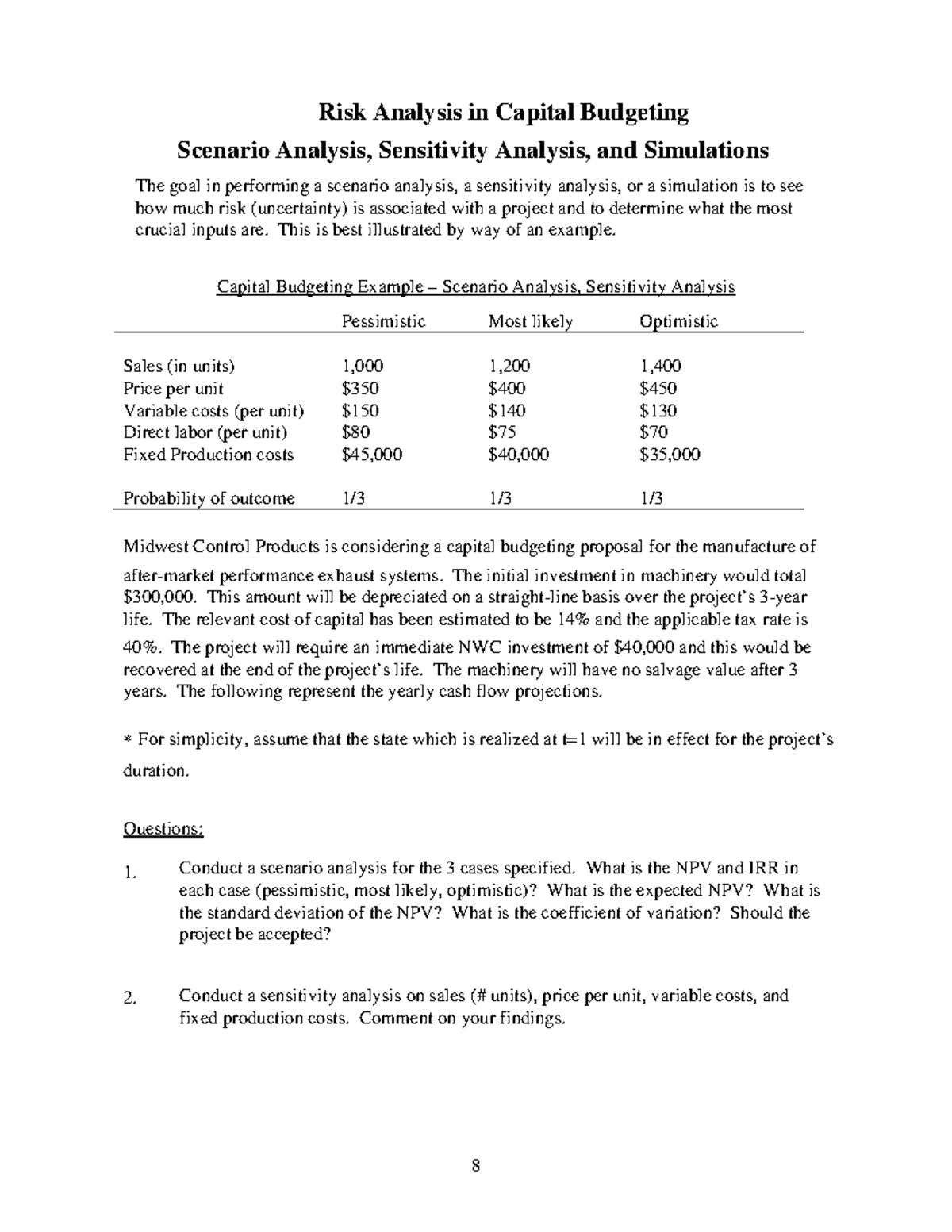 Scenario and Sensitivity in cap budgeting Eg - 8 Capital Budgeting ...