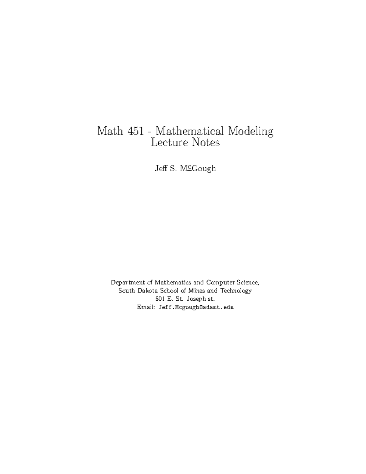 Mathematical Modeling - Math 451 - Mathematical Modeling Lecture Notes ...