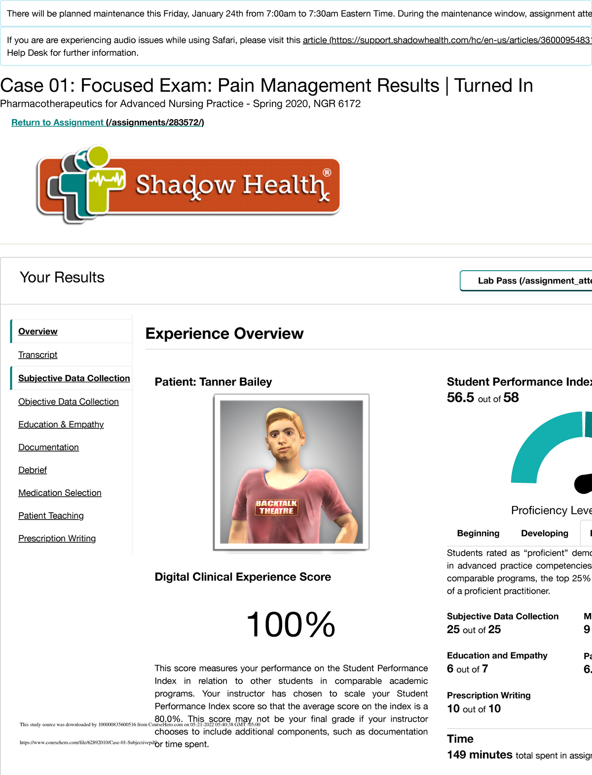 Case 01 Subjective - Shadow Health Health Assessment - Case 01: Focused ...